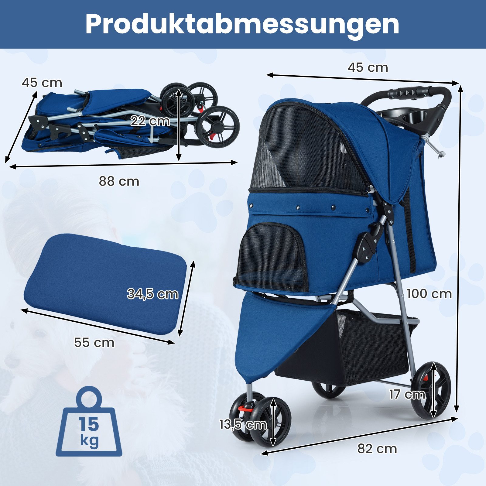 COSTWAY Hundebuggy, (1-tlg), Hundewagen, Haustierwagen, klappbar, bis 15 kg