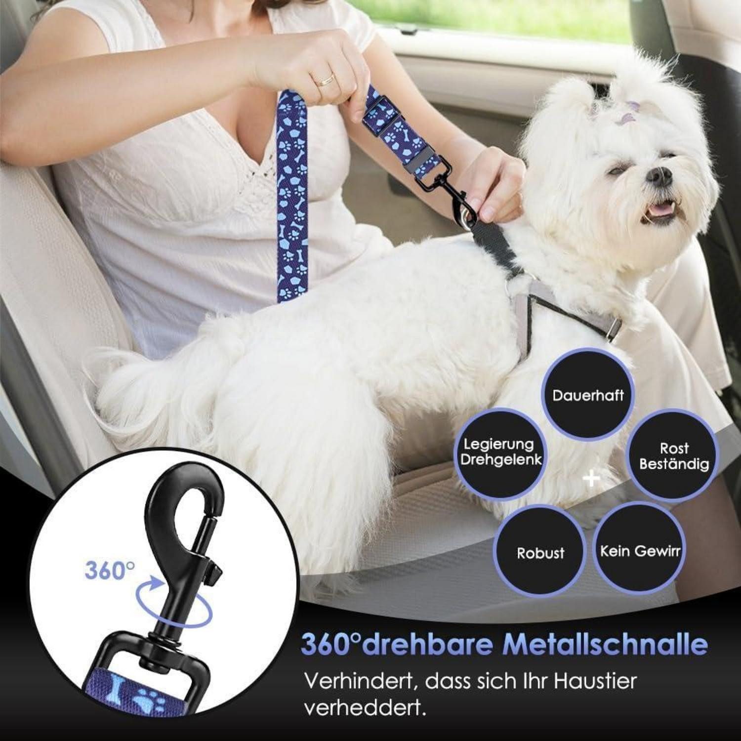 LuxusKollektion Autohundegeschirr Hunde Sicherheitsgurt Anschnallgurt Auto 3in1 Ruckdämpfung 70CM Blau