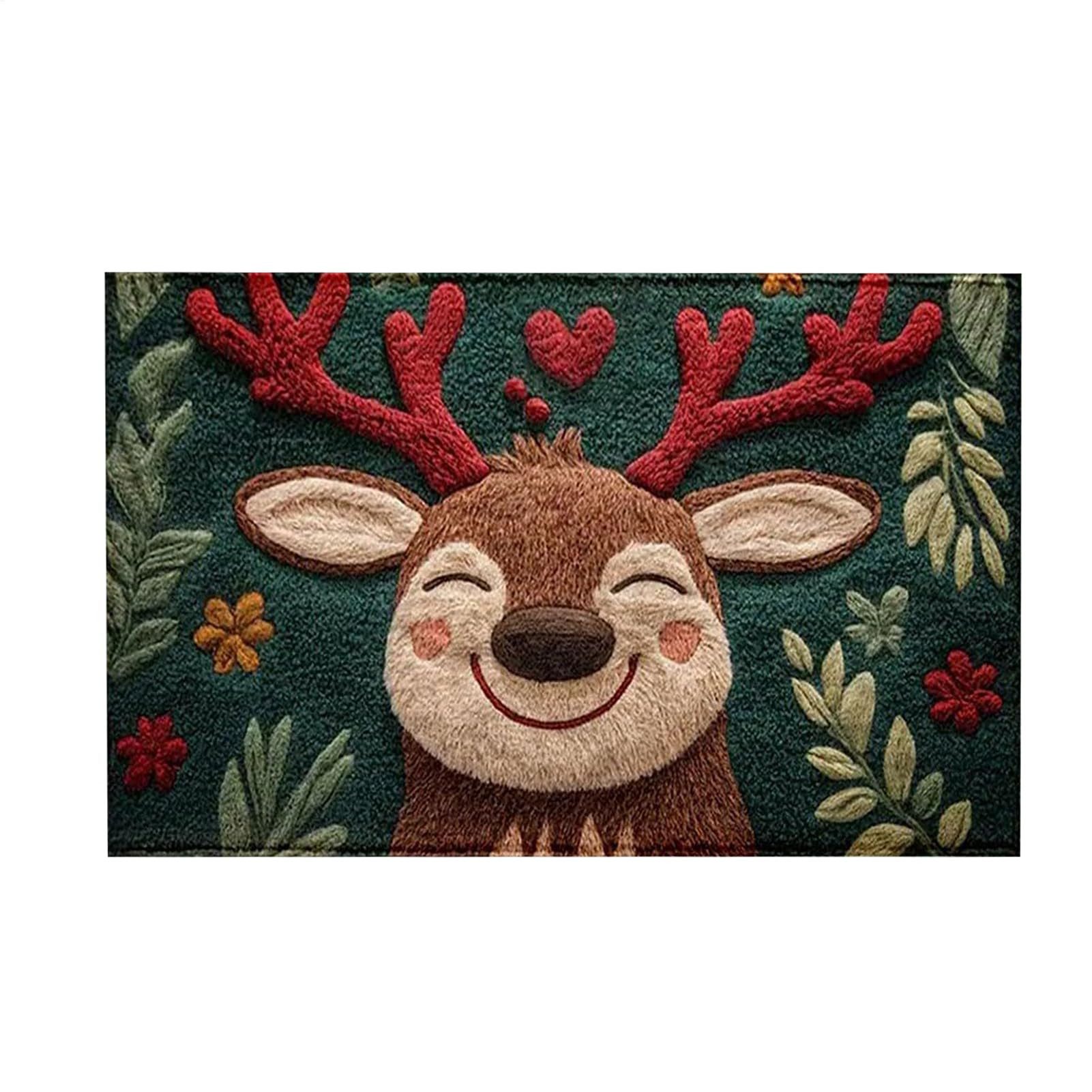 FOUORTUNATE-BEE Zeltteppiche Weihnachts-Elch Fußmatte rutschfest für Bad und Eingangsbereich, Niedliche Rentier Badematte für Innen- und Außenbereich