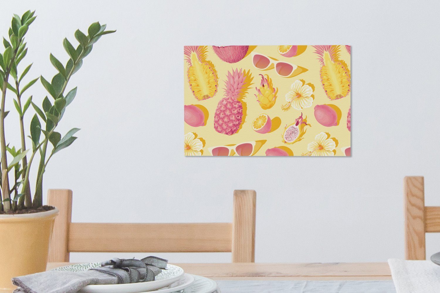30x20 Leinwandbild Wandbild Aufhängefertig, Gelb, - OneMillionCanvasses® - (1 Leinwandbilder, Sommer St), Wanddeko, Ananas cm