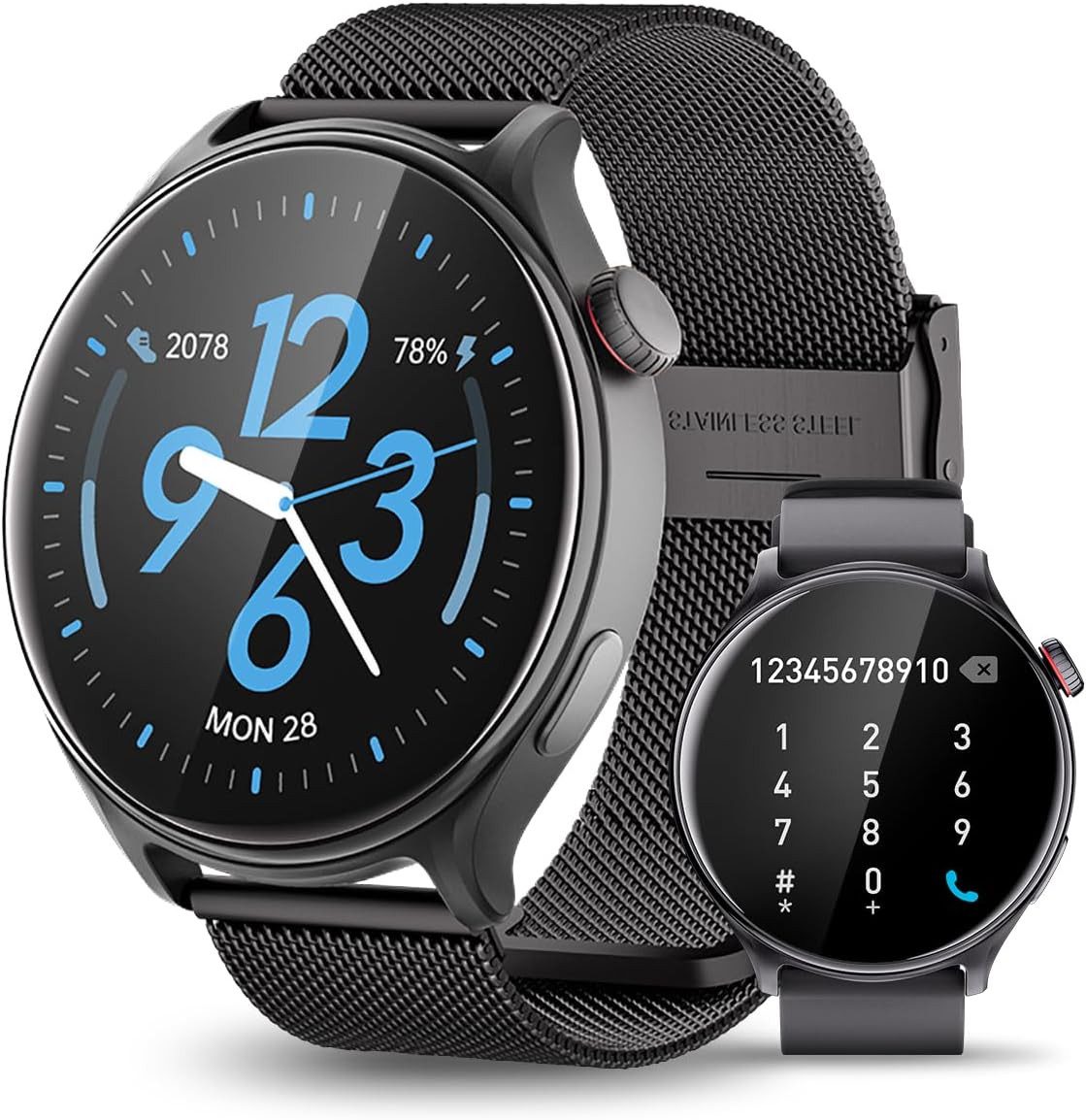 Vashoy Smartwatch, Sportuhr mit Sprechfunktion, Telefonfunktion Smartwatch, Sportuhr, Business-Uhr, Silikonarmband, Uhrenarmband aus Metal