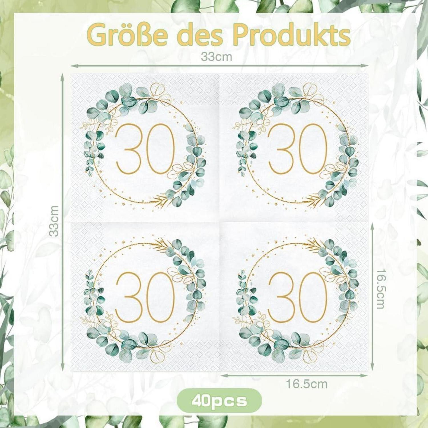 LuxusKollektion Papierserviette Servietten 40 Stück 30 Eukalyptus Gold Grün 30. Geburtstag Servietten