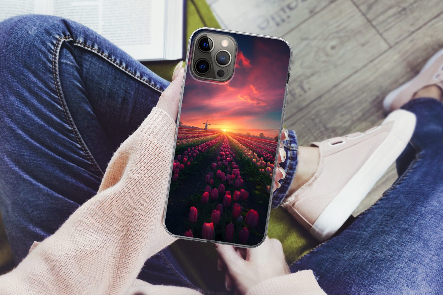 MuchoWow Handyhülle für Apple iPhone 13 Pro Max Windmühle - Sonnenuntergang - Landschaft, Smartphone-Bumper, Print, Handy Schutzhülle Dünn