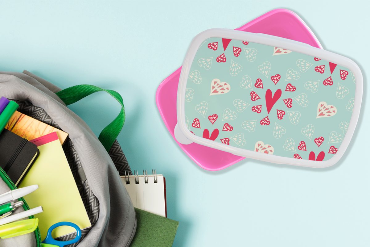 - Kinder, Herzen - Muster (2-tlg), für Kunststoff, Lunchbox Snackbox, Brotbox MuchoWow Erwachsene, Mädchen, rosa Brotdose Kunststoff Pastell,