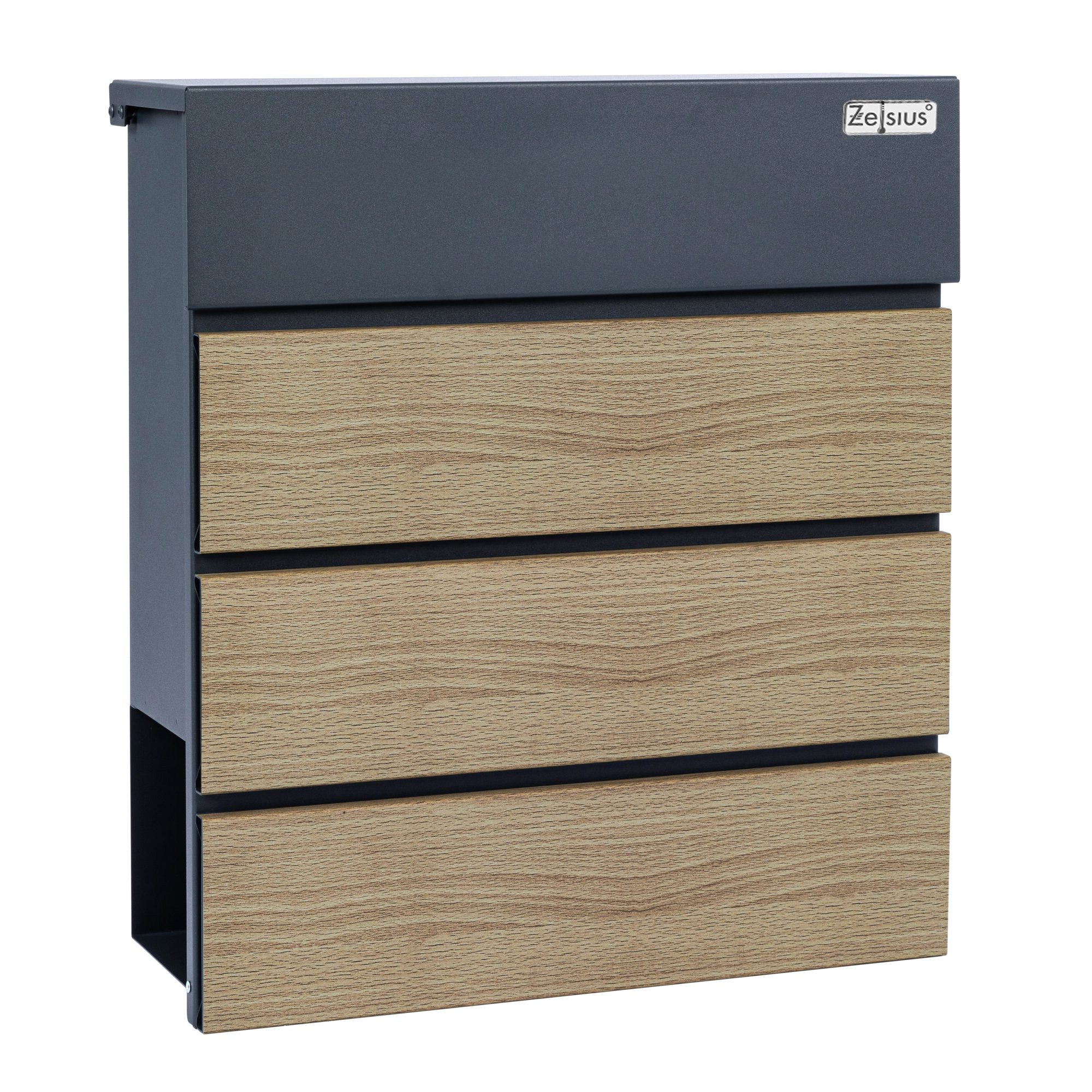 Zelsius Wandbriefkasten Briefkasten Wood mit Zeitungsfach, RAL7016 Anthrazit, Holzoptik, Integrierter Soft-Close Mechanismus, Absenkautomatik