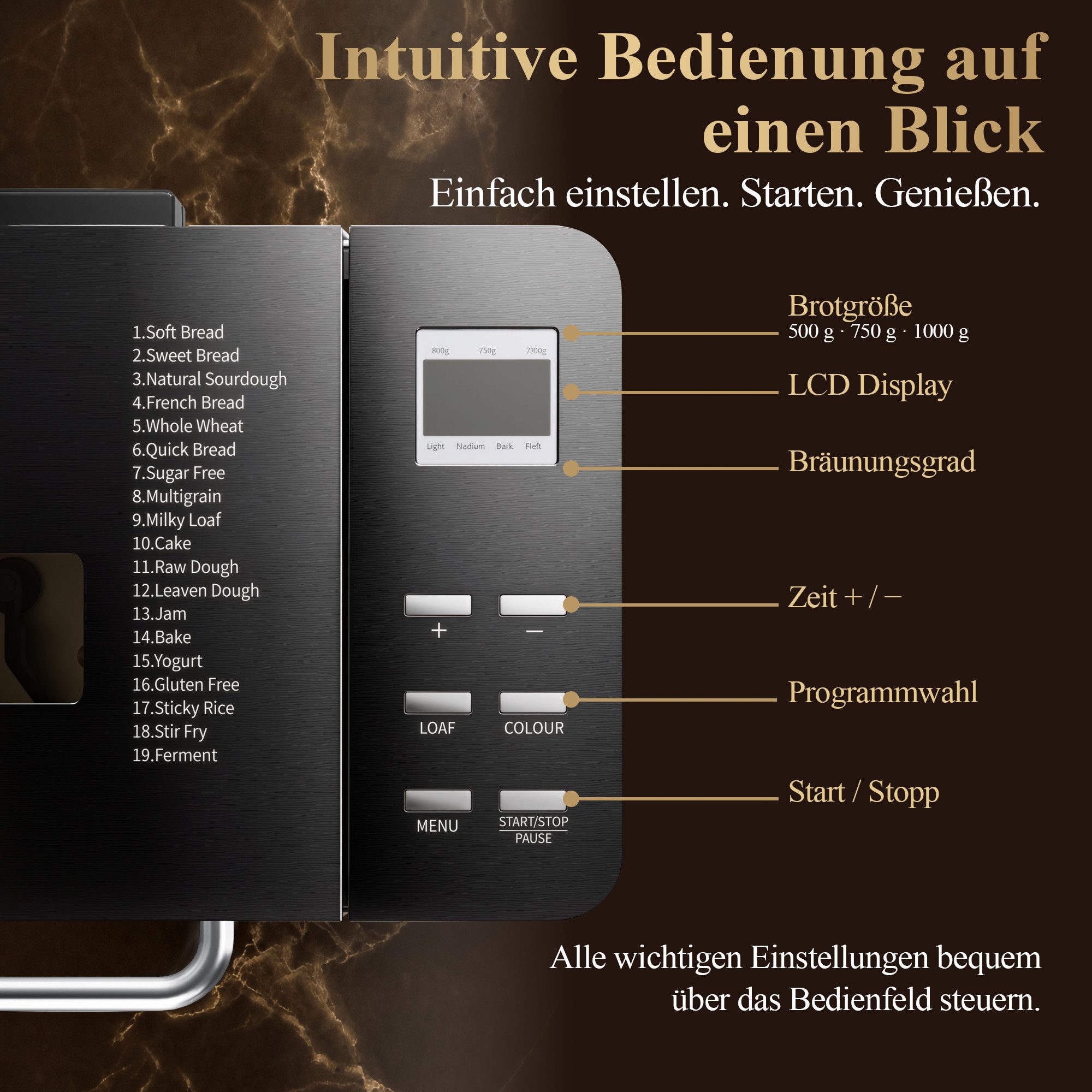 Furnicopia Brotbackautomat 19-in-1 Brotbackautomat, 1kg, Edelstahl, Timer, automatische Beigabe, 19 Programme, 710 W, 19 Programme, 3 Krustenfarben 3 GroBen,Ker – Bild 2 von 5