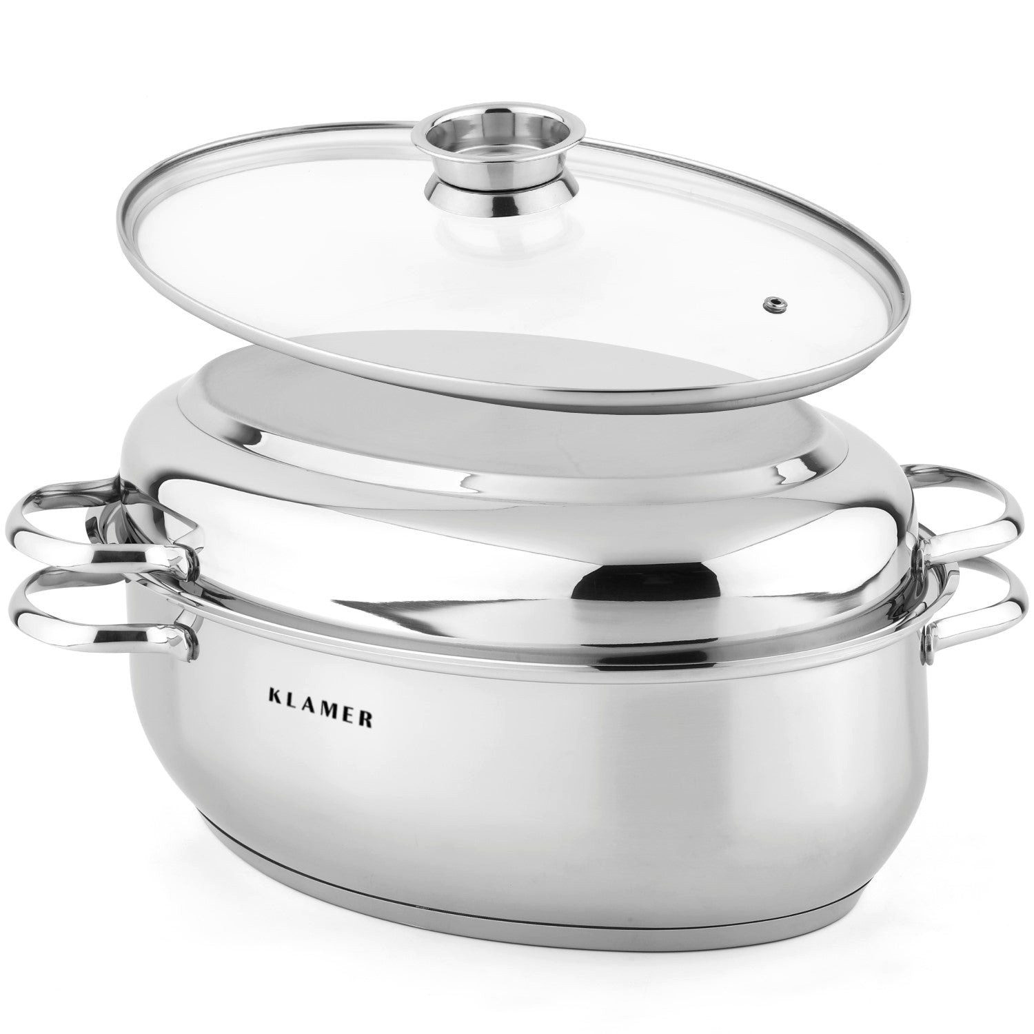 KLAMER Bräter 38 cm, backofengeeignet, 8,5L XXL Bräter mit Deckel, mit 4L Deckelpfa…, Edelstahl, Energiesparend, Güteglasdeckel, tropffrei abgießen