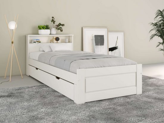 HOME AFFAIRE Bett FLAVION (Schublade optional), Regal im Kopfteil,zertifiziertes Massivholz,Kassettenoptik 90x200 cm Weiß