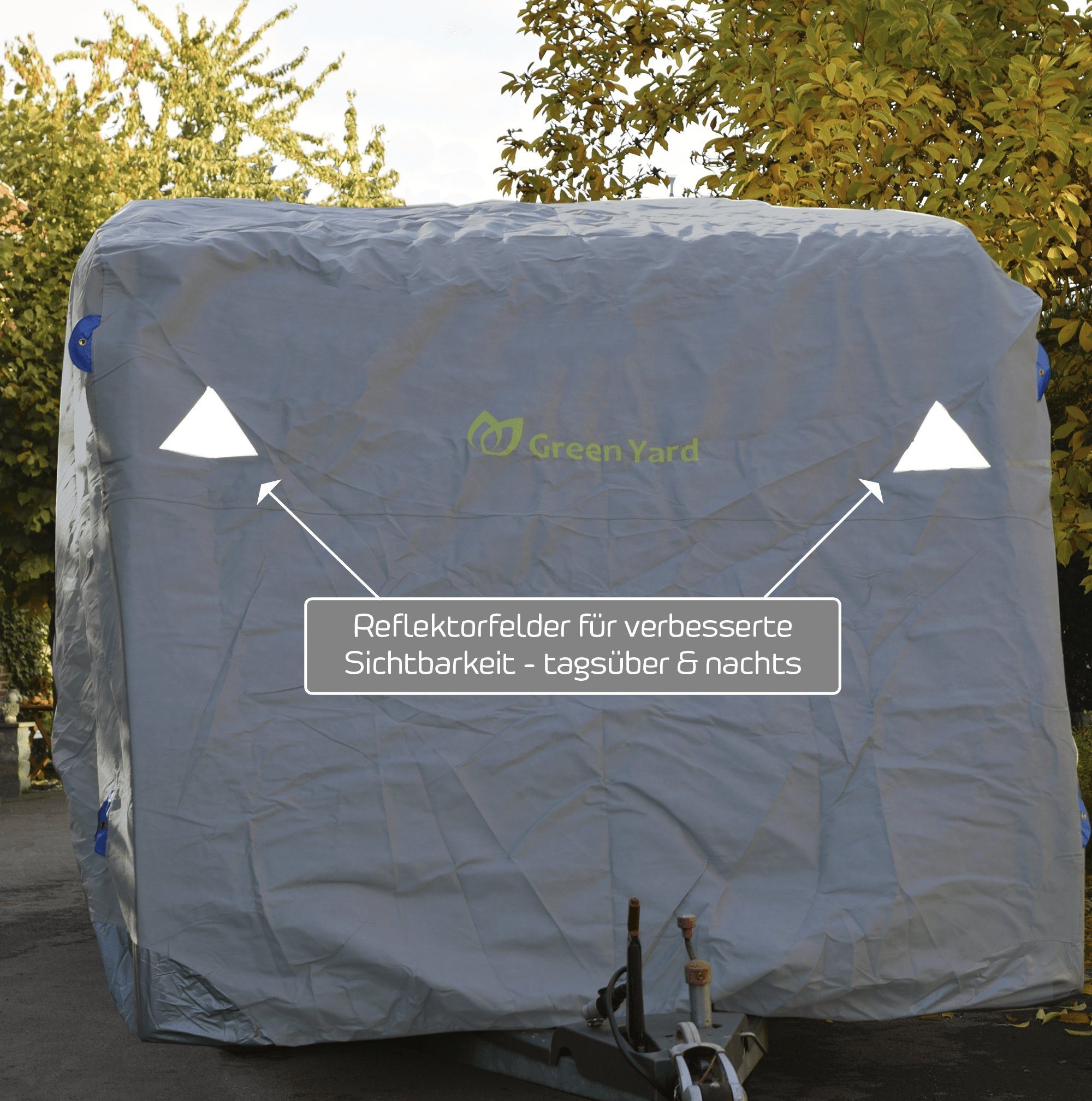 Green Yard Wohnwagenschutzhülle Wohnwagen Abdeckplane mit Reflektoren Gr.M 550 x 250 x 220 cm (1 Stück, Inkl. Tragetasche), UV-beständig, schimmelresistent und reißfest