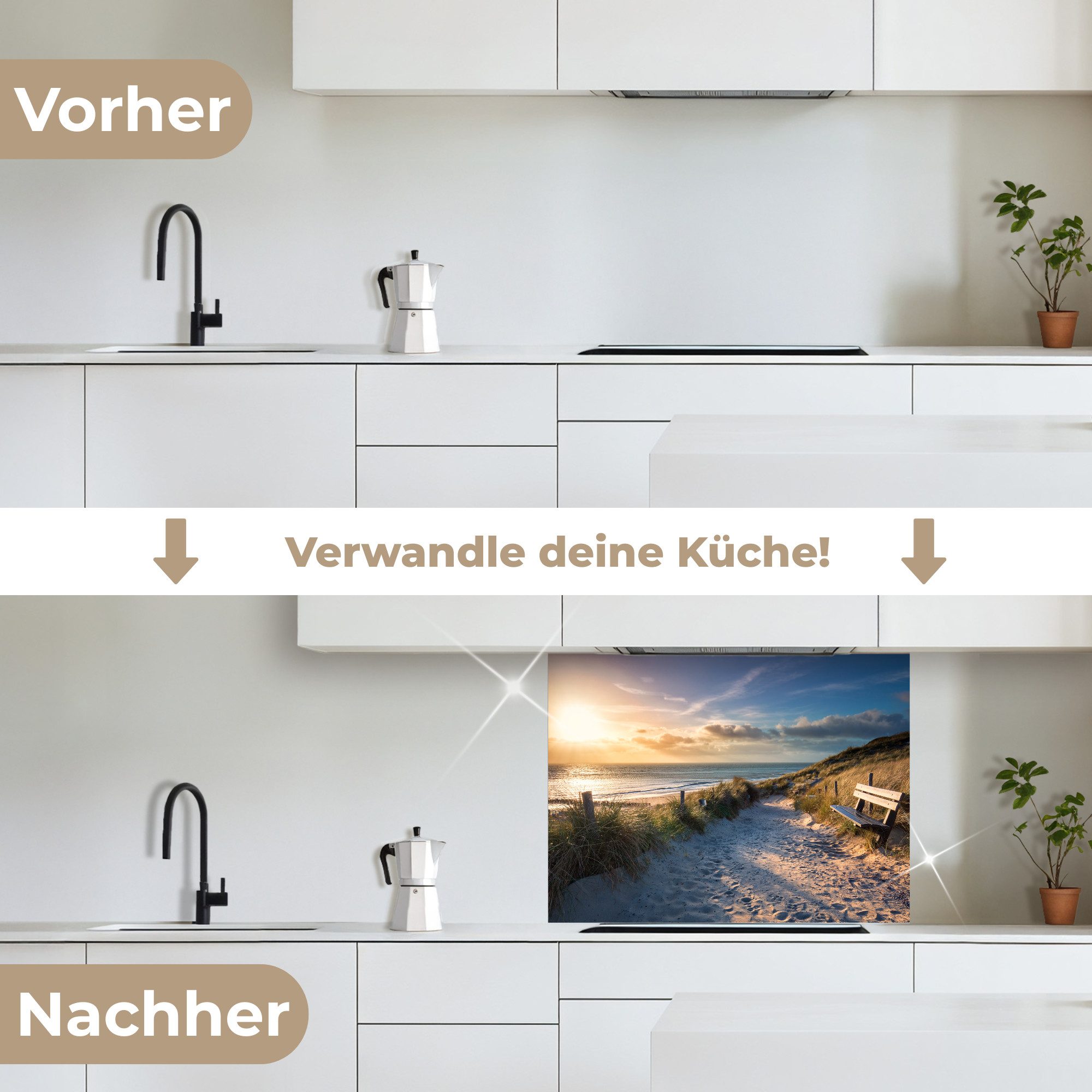 KitchenYeah Küchenrückwand selbstklebend Sonnenuntergang - Strand - Düne - Gras - Bank, (1-tlg), Spritzschutz, Küche, Rückwand, Küchenwand, Küchenfront, 80x60 c – Bild 3 von 5