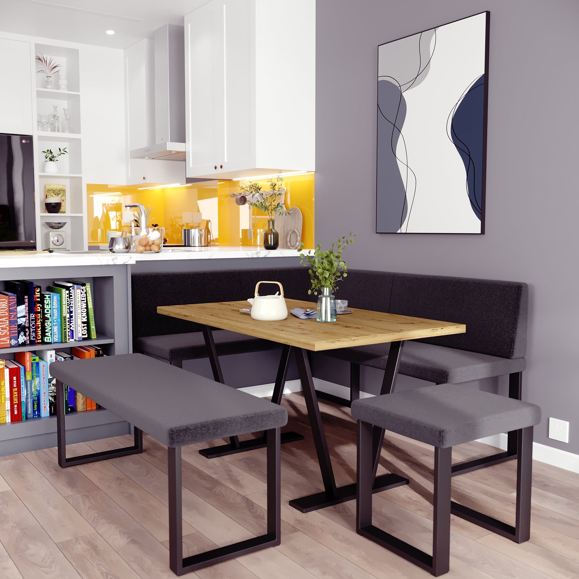 AN-MOEBEL4U Eckbankgruppe Eckbank ALINA Metall Set, (Eckbank mit Tisch, Sitzbank und Hocker), Tischplatte 32 mm, Farbe ARTISAN OAK, pulverbeschichtetes Metallprofil