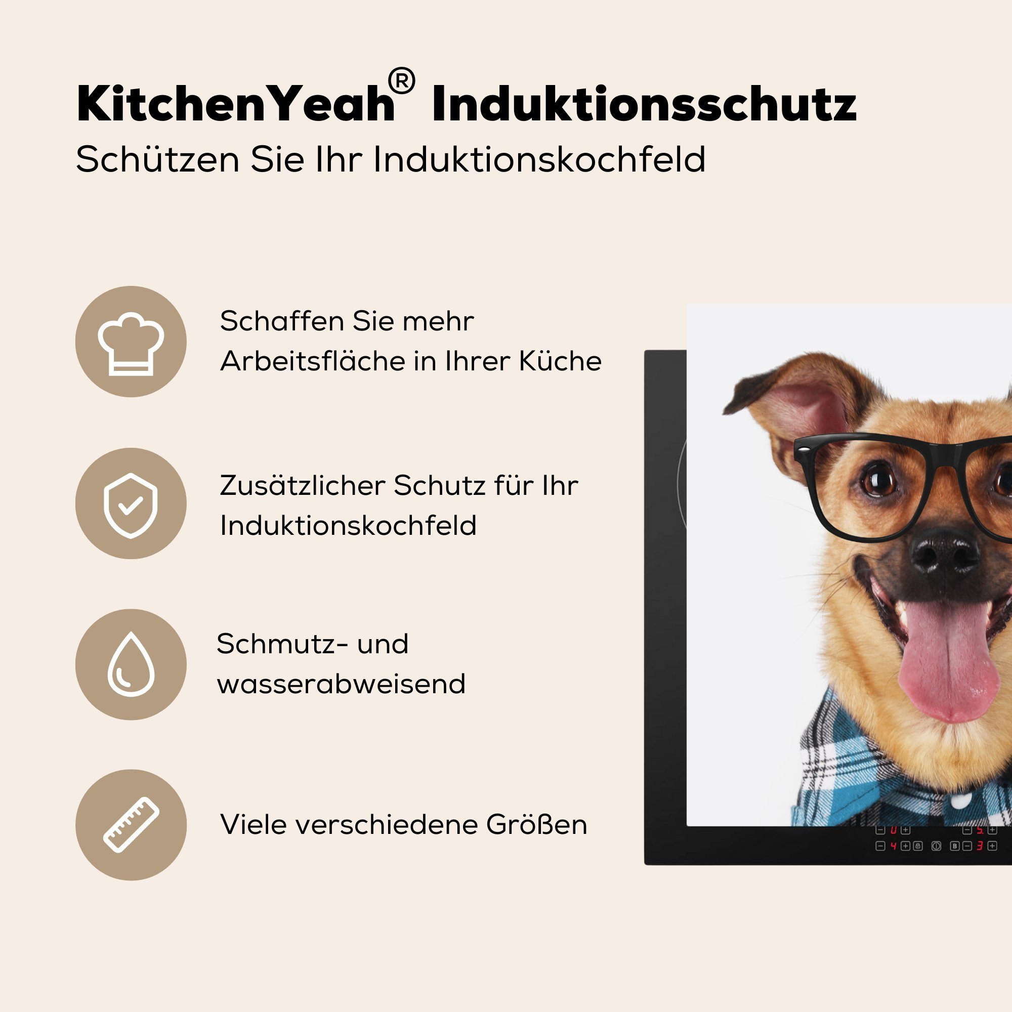 Hund küche (1 - Vinyl, Herdblende-/Abdeckplatte cm, - für - tlg), 78x78 Ceranfeldabdeckung, Arbeitsplatte MuchoWow Brille Bluse Hipster,