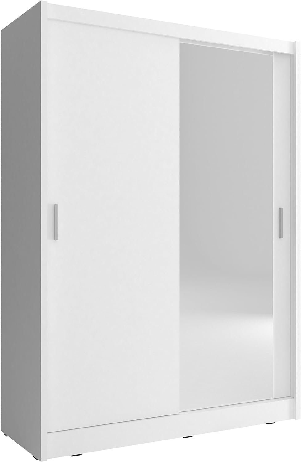 MOEBLO Kleiderschrank Borneo A1 (Wohnzimmerschrank 2-türig Schrank Gaderobe Schiebtüren, mit Spiegel Schwebetürenschrank mit Einlegeböden und Kleiderstange) (BxHxT): 130/150x200x60cm Weiß