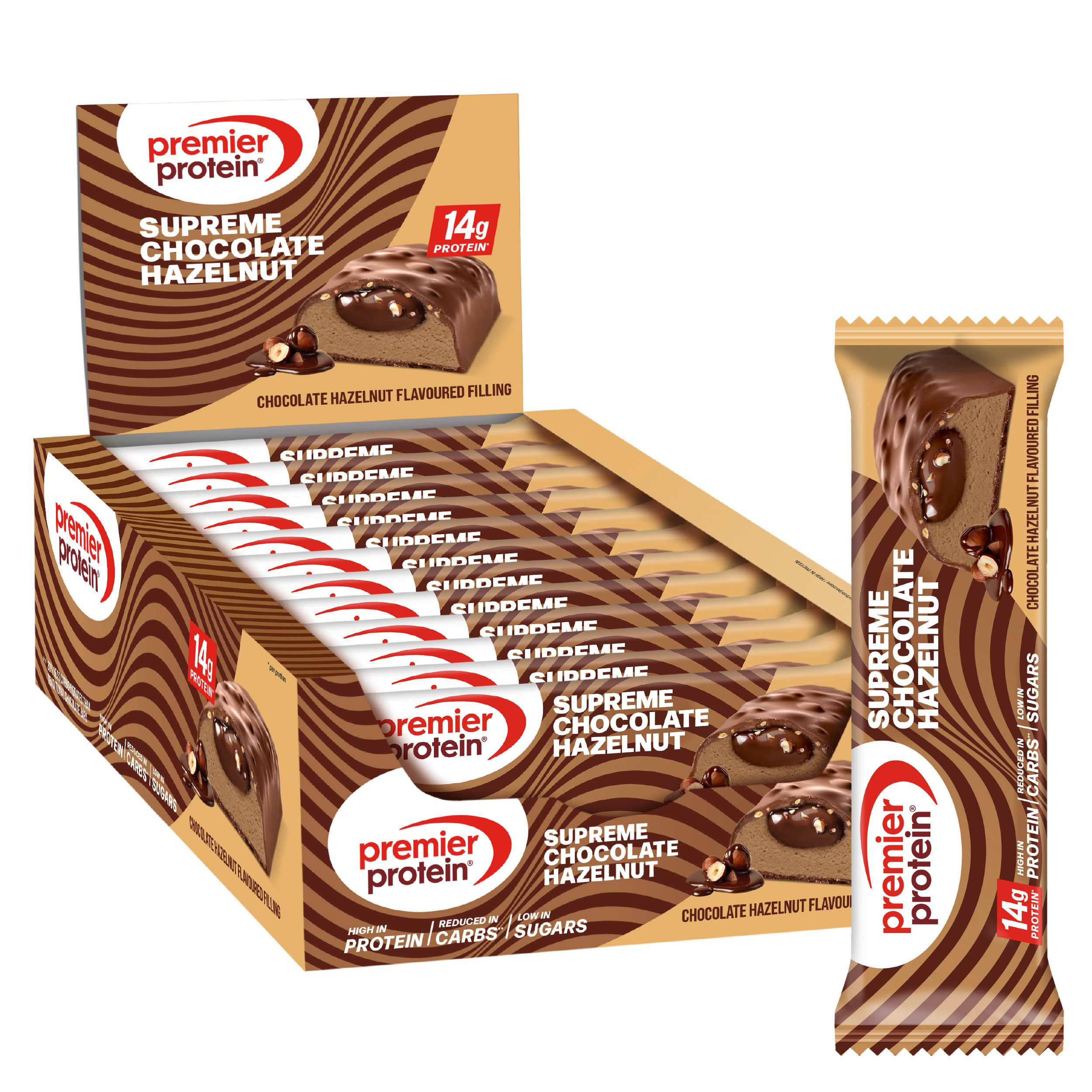 Premier Protein Supreme Bar Chocolate Hazelnut 12x42g Low Sugar palmölfrei Riegel, 12 St., 504 g
