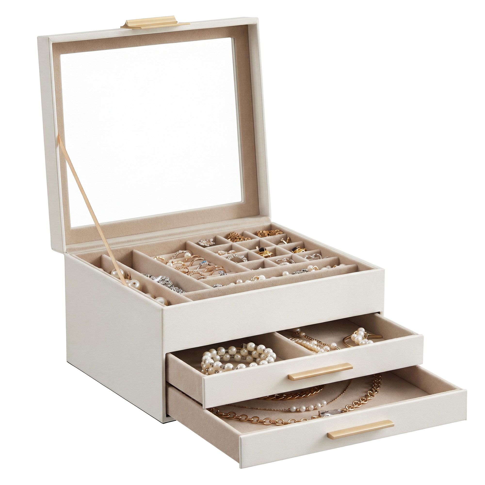SONGMICS Schmuckkasten Schmuckkästchen, Schmuckbox mit Glasdeckel, wolkenweiß-golden, mit 3 Ebenen, 2 Schubladen, Schmuckaufbewahrung, 20,3 x 23,1 x 13,5 cm