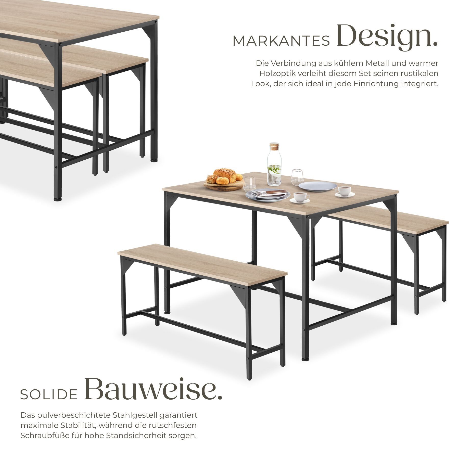 tectake Sitzgruppe Essgruppe 3-teilig, mit höhenverstellbaren Kunststofffüßen, (Loungeset Bolton, 3-tlg., in Industrial Holz hell, Eiche Sonoma), Esstisch mit 2 Sitzbänken, Industrial Style, Holz und Stahl