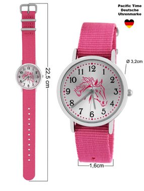 Pacific Time Quarzuhr Kinder Armbanduhr Mädchen Pferd rosa Wechselarmband rosa 10121, + ein Regenbogen Armband - Gratis Versand