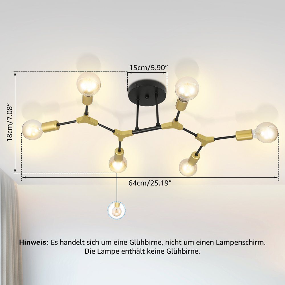 LETGOSPT Deckenlampe 6-flammige Sputnik-Kronleuchter Deckenleuchte Metall Glühbirne ohne Moderne E27