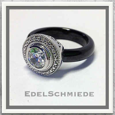 Edelschmiede925 Fingerring Keramikring (schwarz) m. Silberkopf + Zirkonia Ringgröße 54