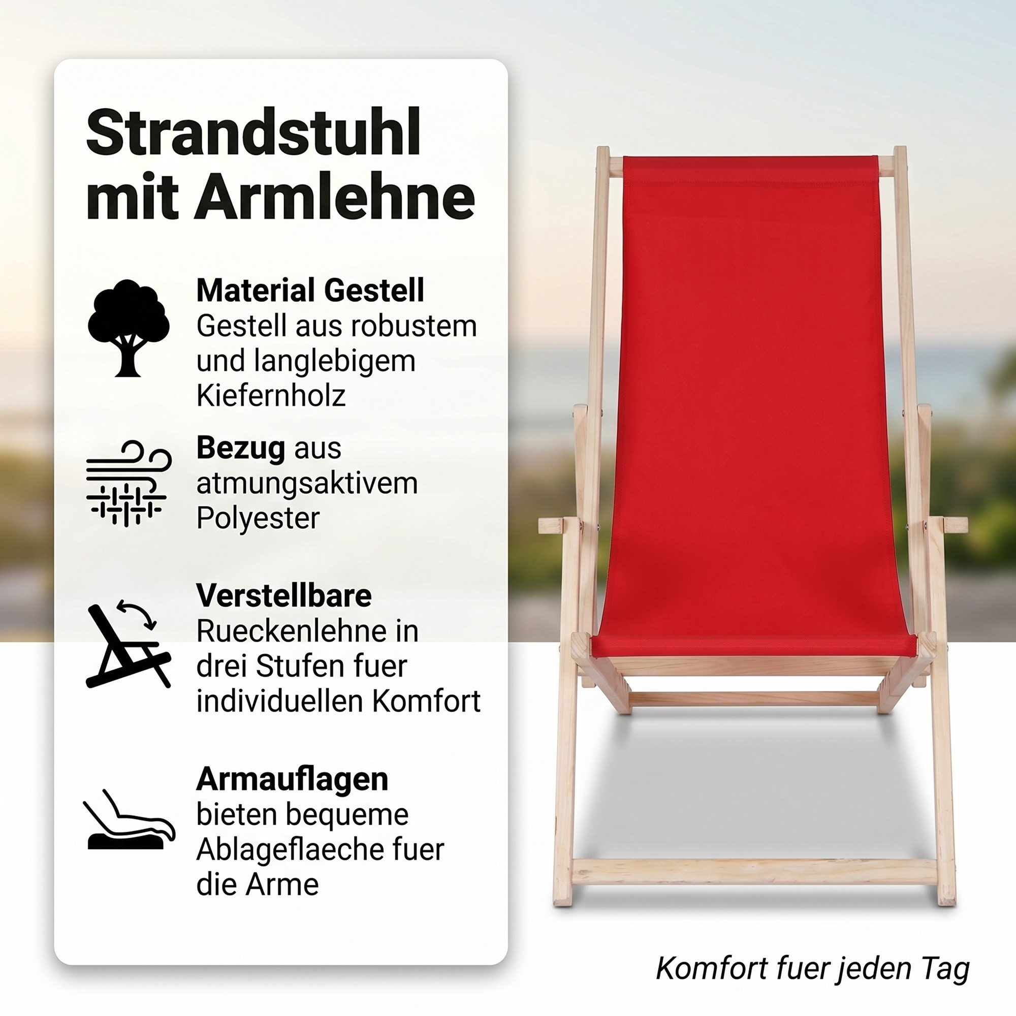 Mucola Gartenstuhl Strandliege Liegestuhl Gartenliege Sonnenliege Strandstuhl Balkonliege (Stück), Inkl. Sicherung gegen ungewolltes Zusammenklappen