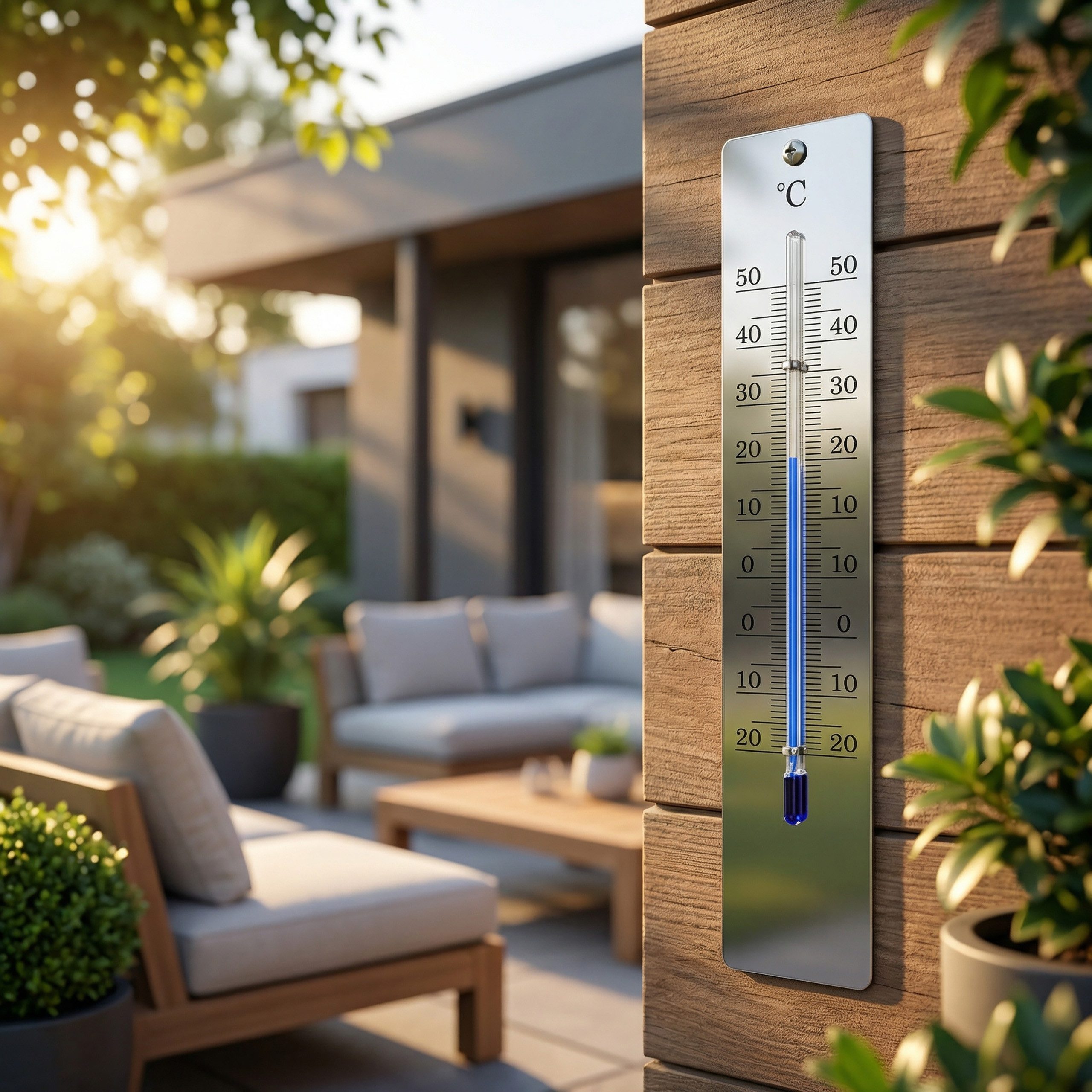 Lantelme Gartenthermometer Edelstahl 28cm Außen Innen Garten Thermometer Temperaturmesser Metall, 1-tlg., Edelstahl poliert Ultradünn mit Glassäule nur 0,9cm, Temperaturanzeige Analog -20 bis 50°C, auch für Innen