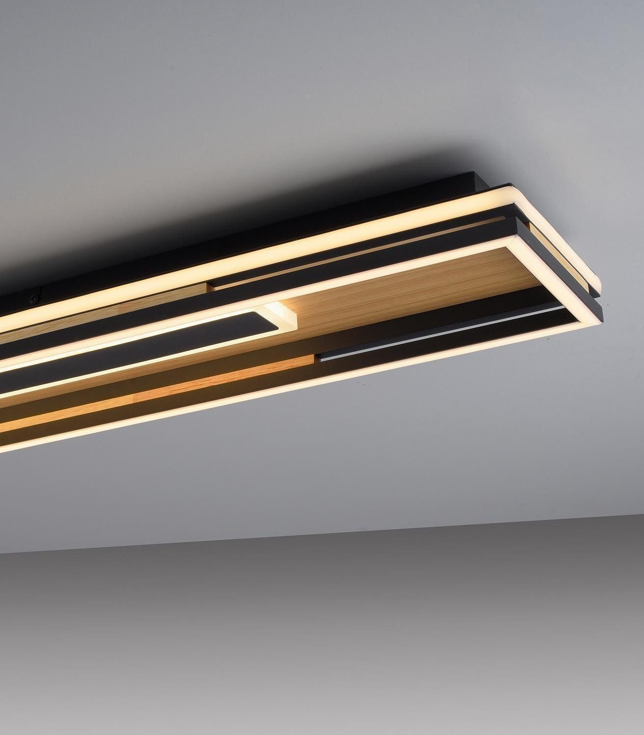 Paul Neuhaus LED Deckenleuchte FAMERA, Braun, Schwarz, Holzfurnier, Metall, Anpassung der Farbtemperatur, Dimmbar, LED fest integriert, Extra-Warmweiß, Neutralweiß, mit Fernbedienung, Memoryfunktion, B 110 x H 8 x T 18 cm