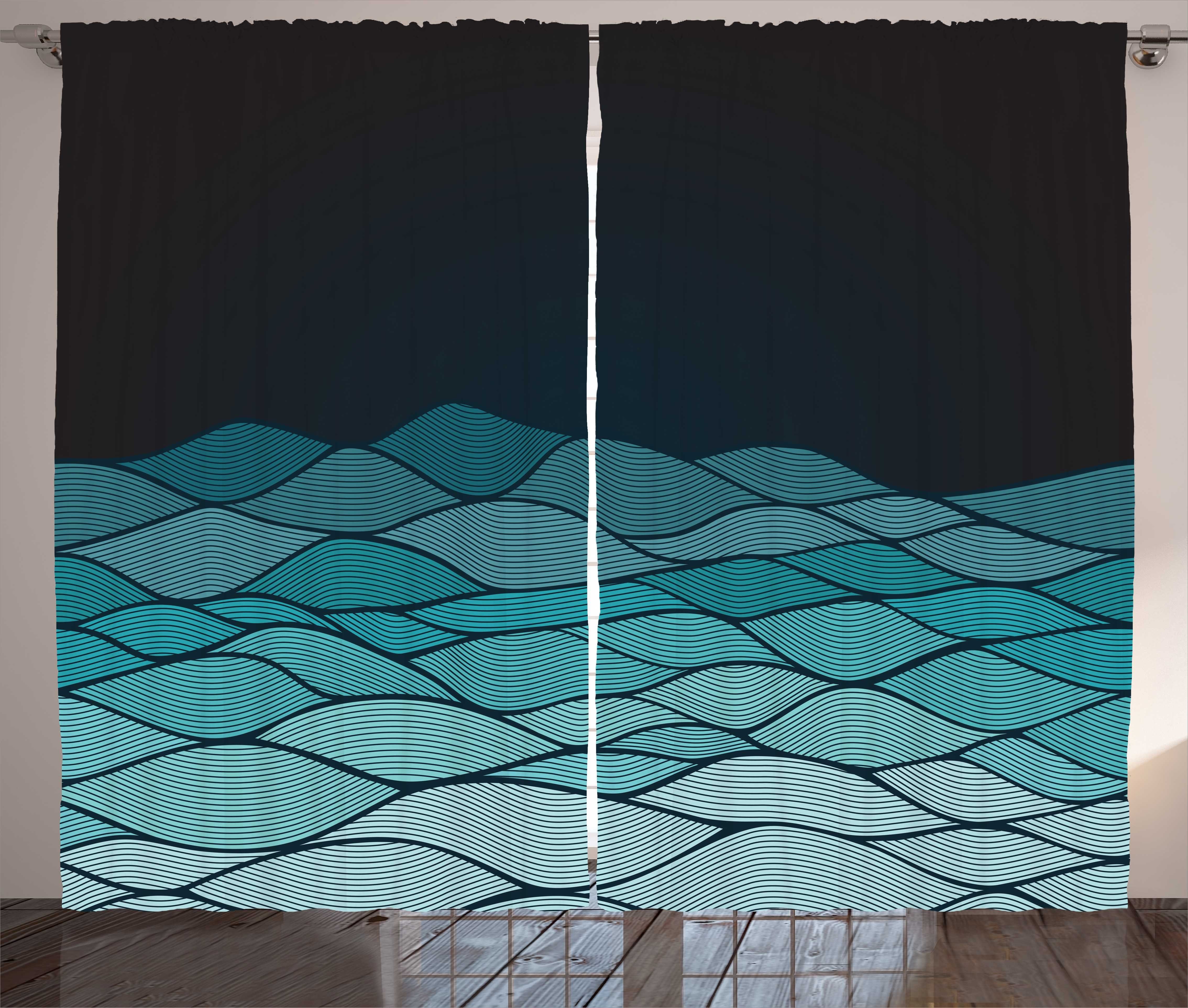 Kräuselband und Wellen Blau mit Gardine Haken, Abstrakt Curves Schlafzimmer Schlaufen Ombre Vorhang Abakuhaus,
