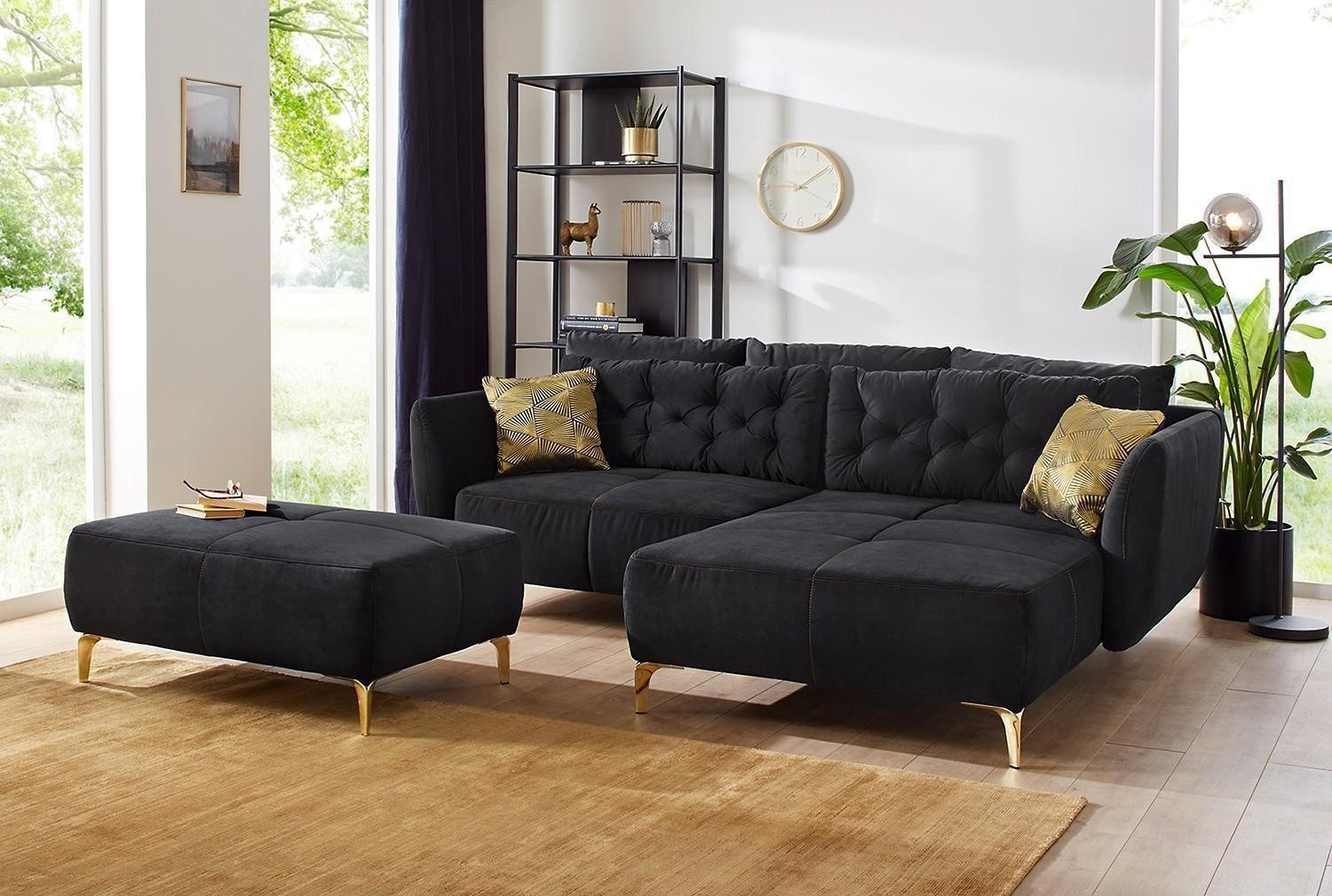 Jockenhöfer Gruppe Ecksofa SALOME, Schwarz, Samt, mit Kissen, B 251 x T 186 cm