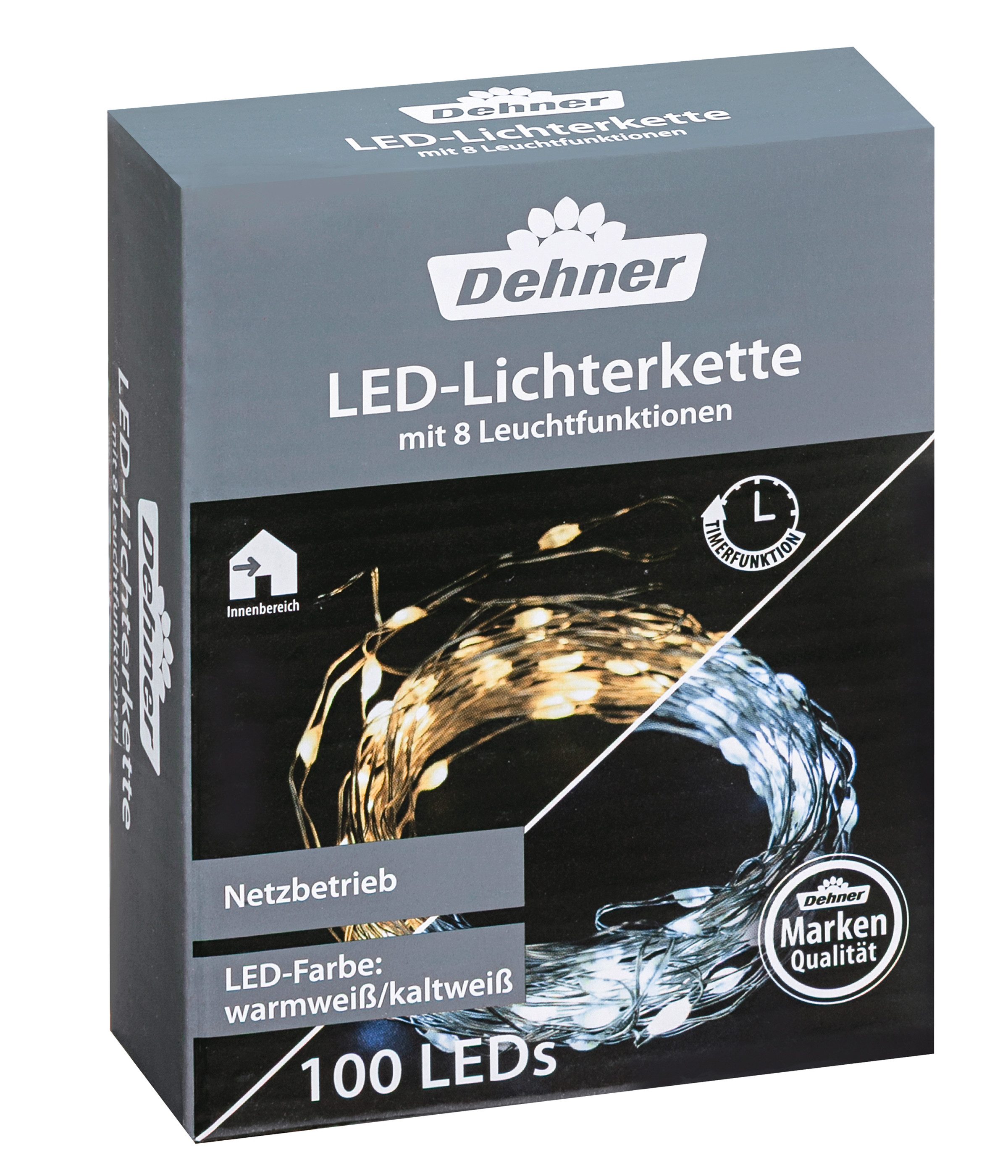 Dehner Lichterkette 100 LEDs, 9 m, Leistung 3.6 W, kaltweiß/warmweiß, Schutzklasse: ll, Schutzart IP20, inkl. Timer/Fernbedienung