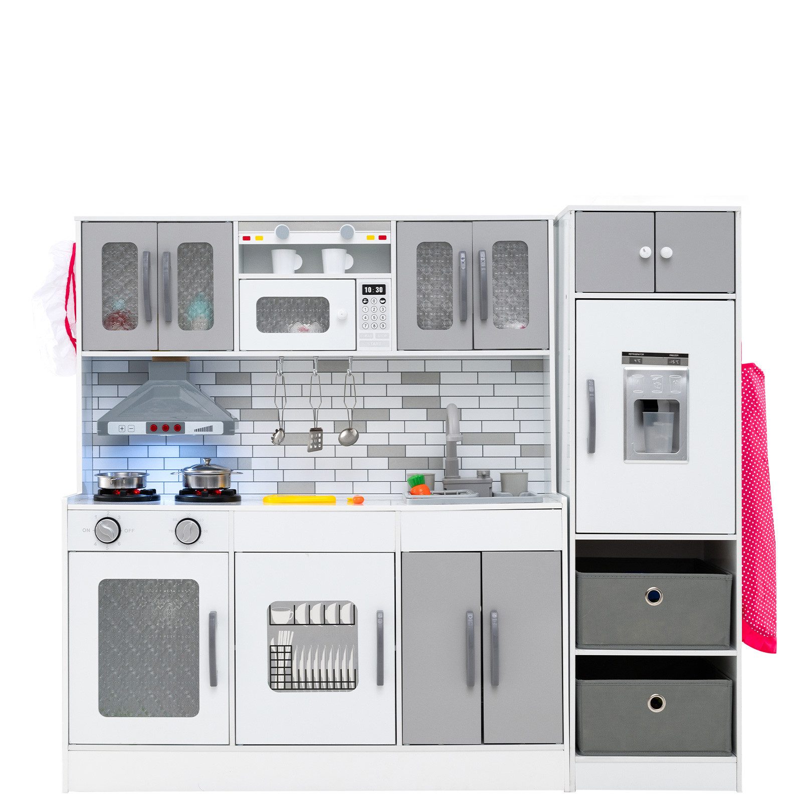 COSTWAY Spielküche Holz, Mit interaktiven Funktionen, Stauraum & Zubehör