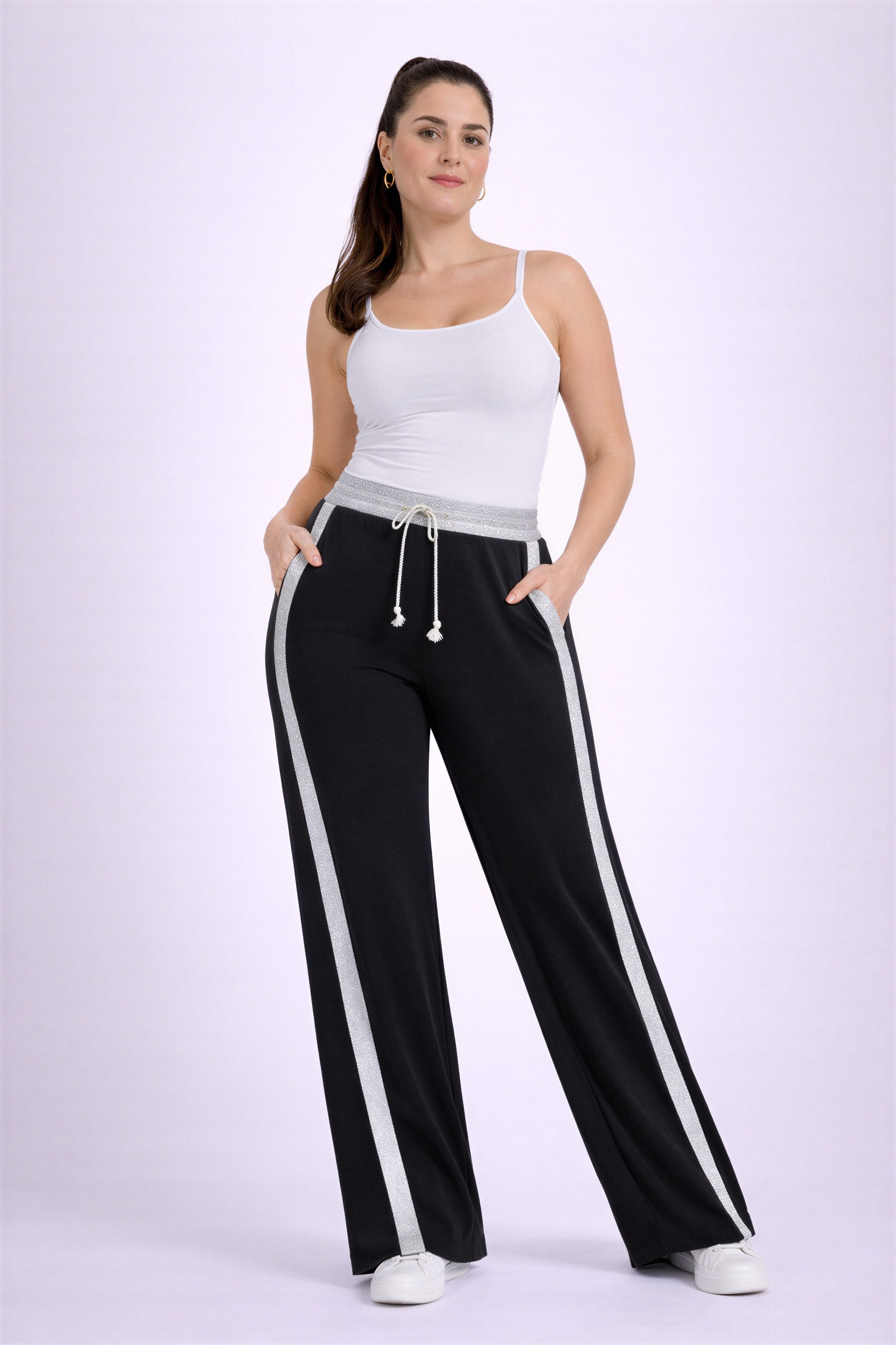 Palazzohose Damen Italy Design Premium Stoffhose mit Streifen & Tunnelzug