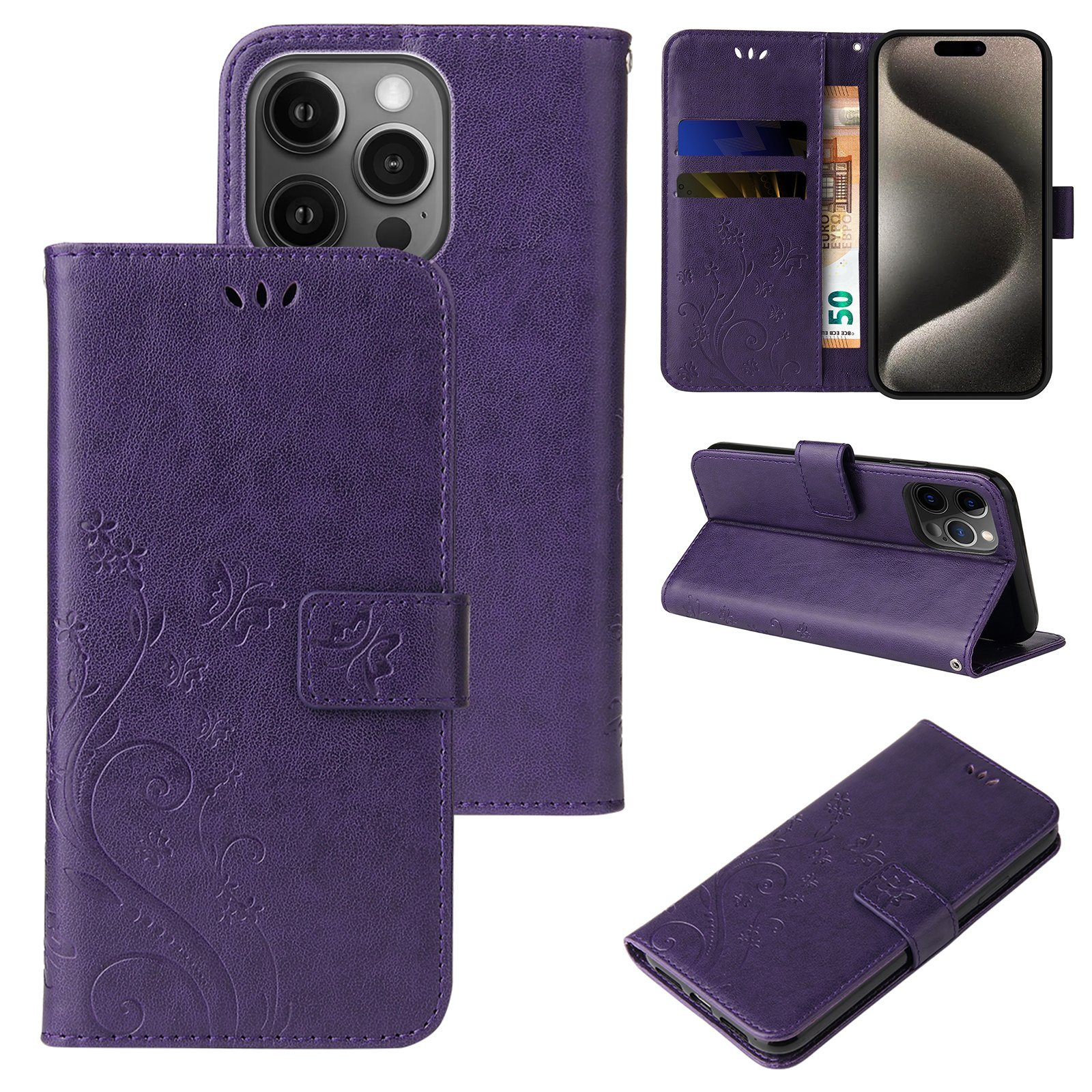 Tec-Expert Handyhülle Cover Tasche Hülle für Apple iPhone 15 Pro 6,1 Zoll, Klapphülle Case mit Kartenfach Fliphülle aufstellbar, Motiv Blumen