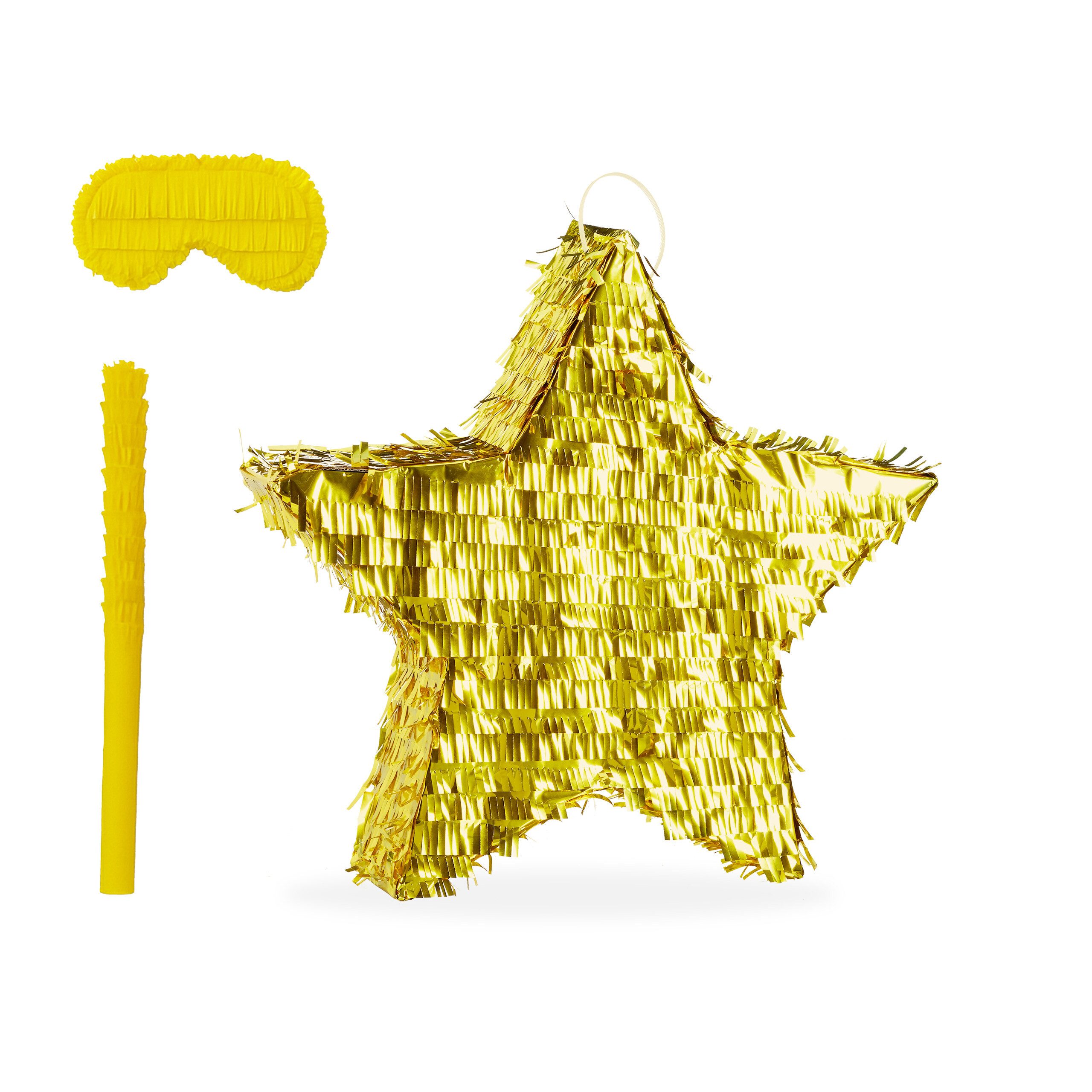 relaxdays Pinata Set Stern mit Stab und Maske, gold