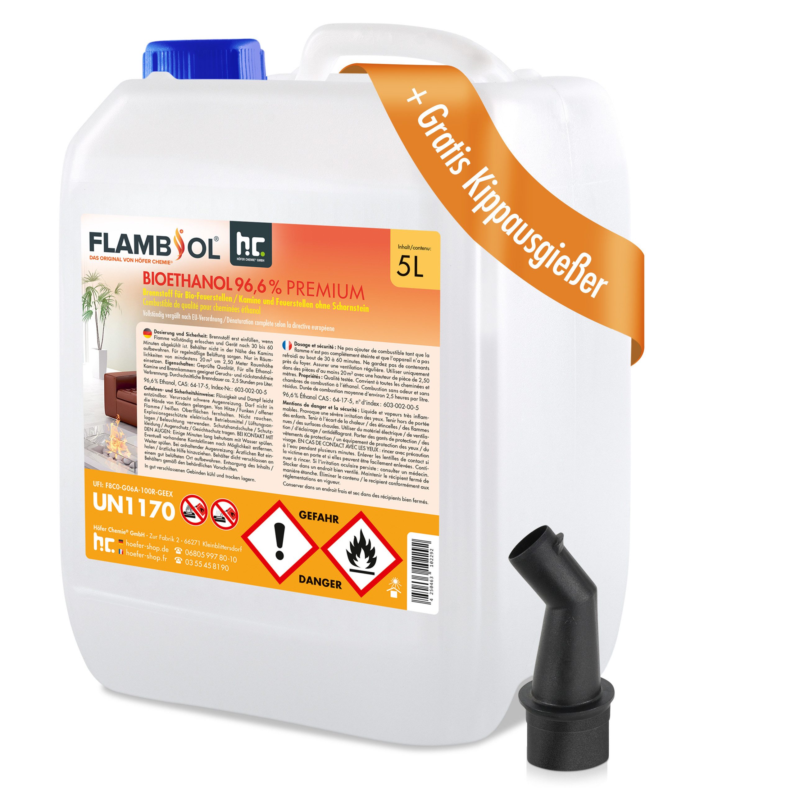 Höfer Chemie GmbH Bioethanol 5L FLAMBIOL® Bioethanol 96,6% Premium für Kamine & Ethanol-Brenner, 5 l, (1-St), Sauberer Brennstoff für Kamine und Feuerstellen