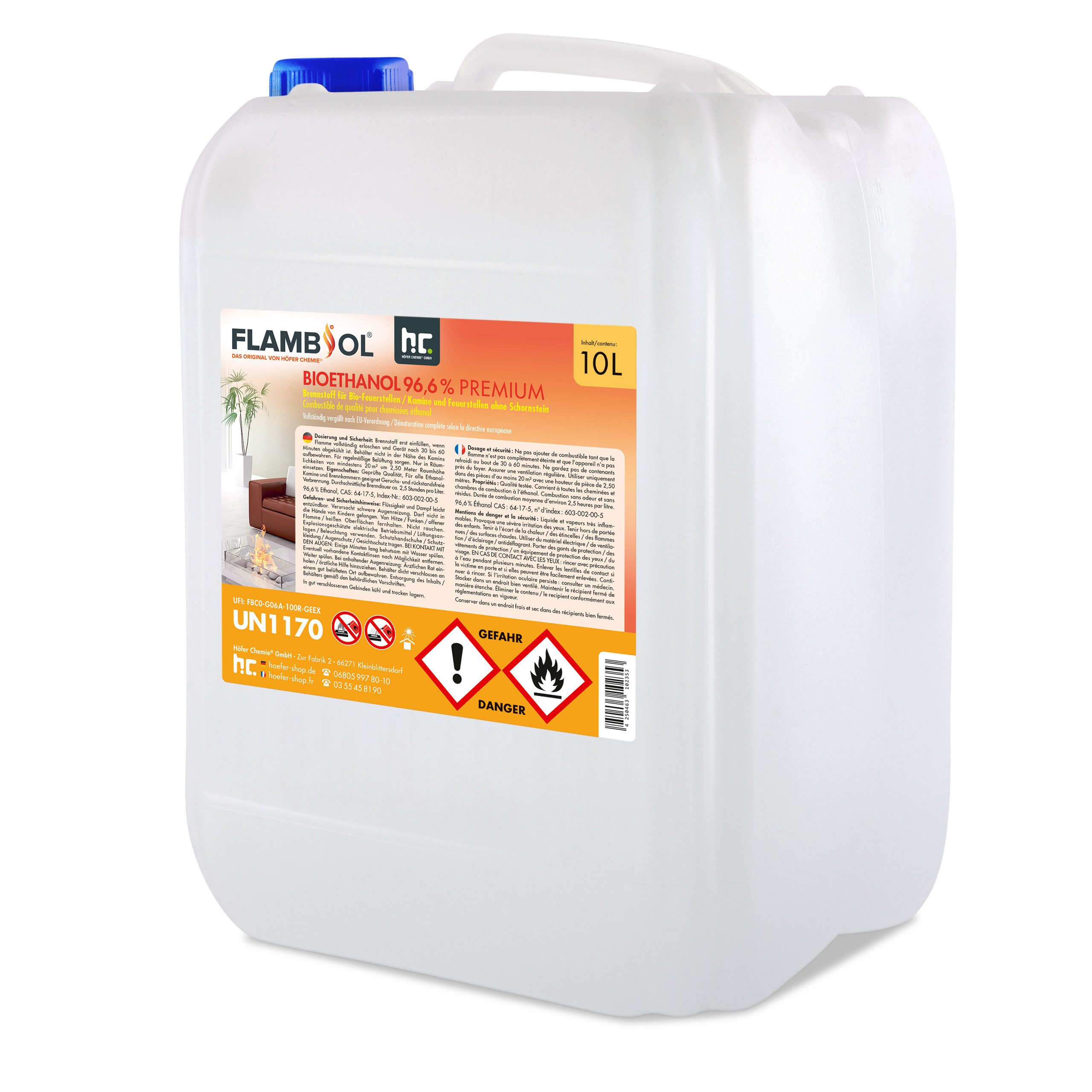 FLAMBIOL Bioethanol 10 L FLAMBIOL® Bioethanol 96,6% Premium für Ethanolkamin in Kanistern, 10 kg