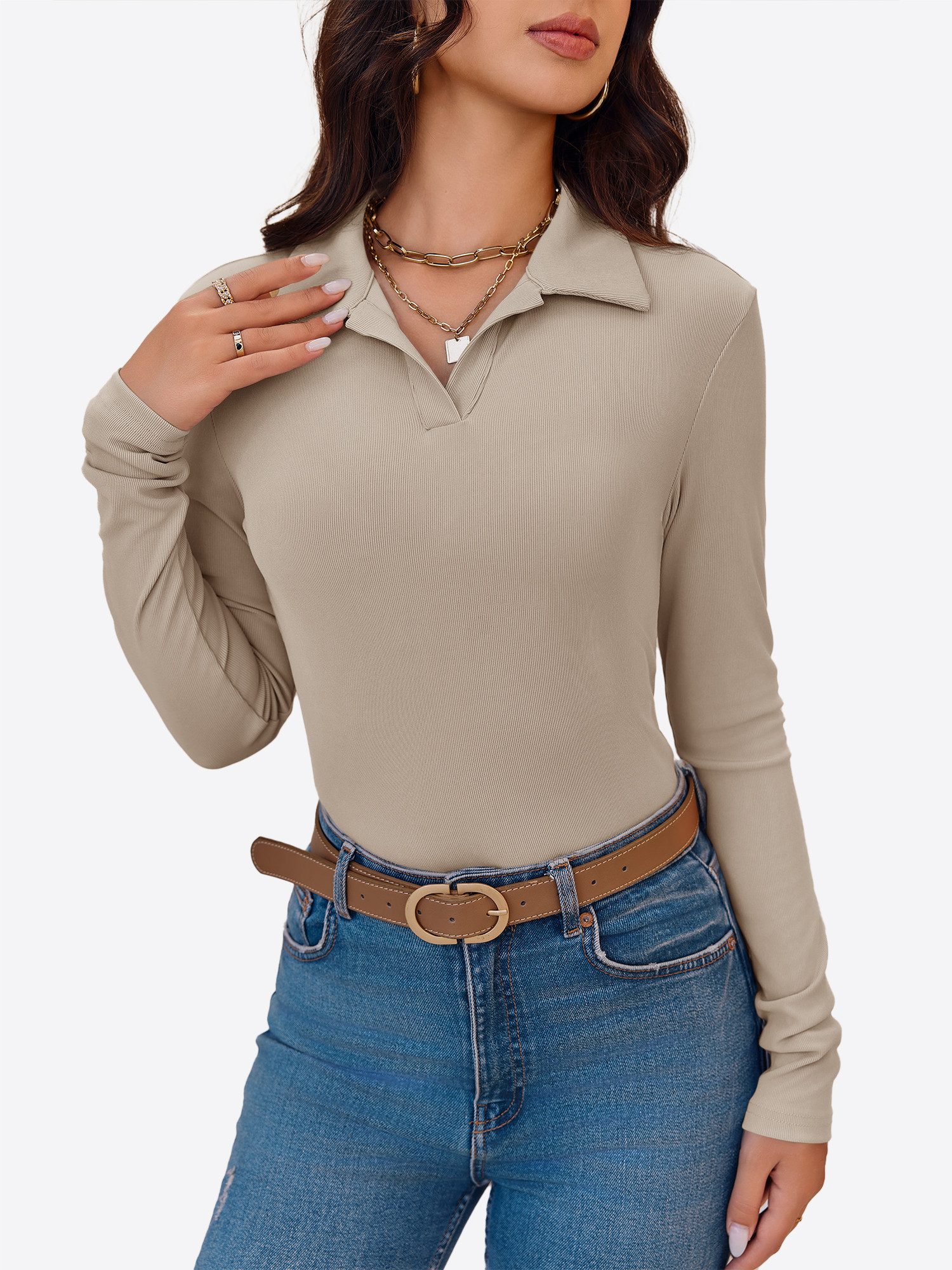 Imily Bela Poloshirt Damen Langärmliges Top mit aus Rippstrick (Packung, 1-tlg., 1per-Pack) V-Ausschnitt