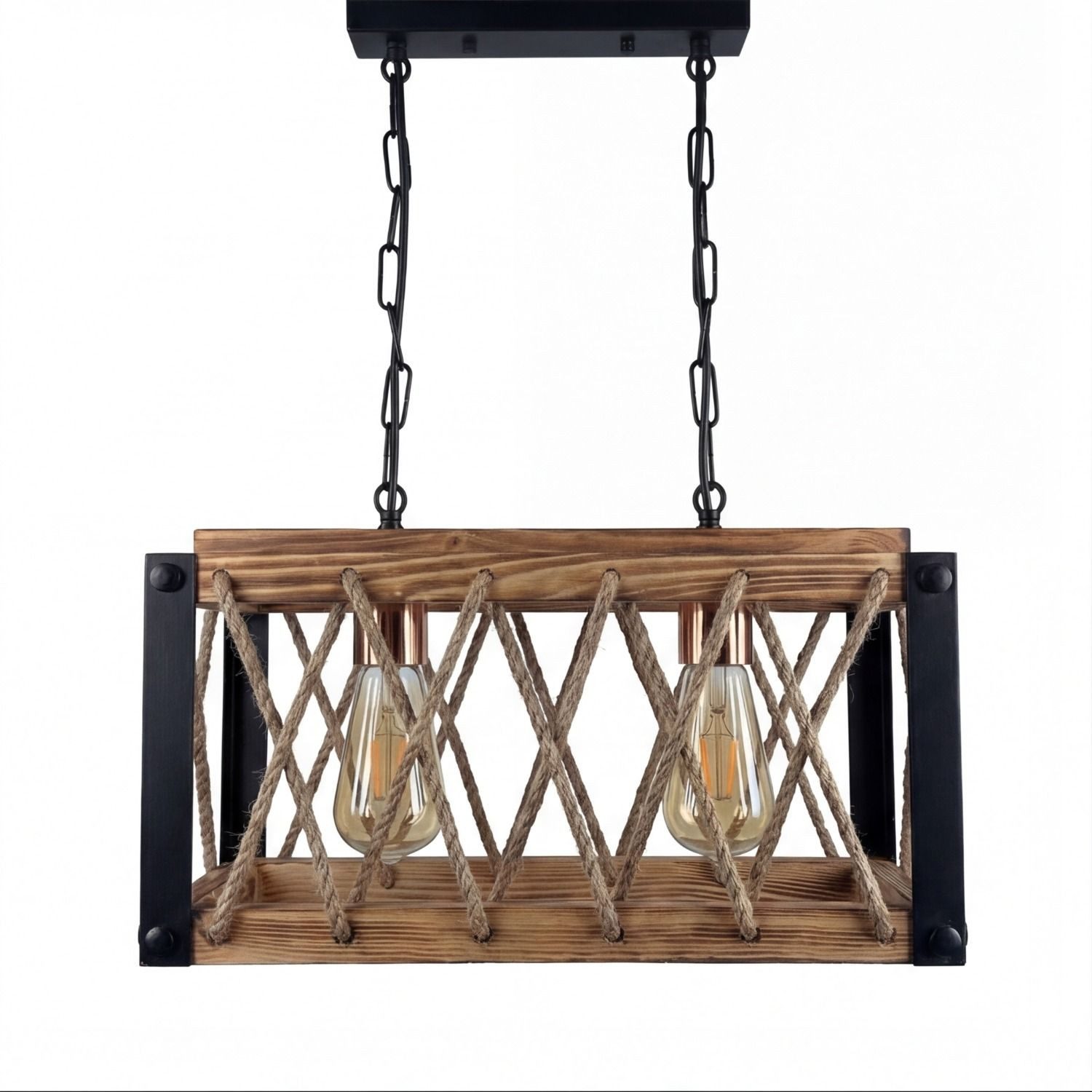 Licht-Erlebnisse Pendelleuchte SELMAR, ohne Leuchtmittel, 40 cm breit H: max. 105 cm Holz geflammt Metall E27 2-flammig Rustikal