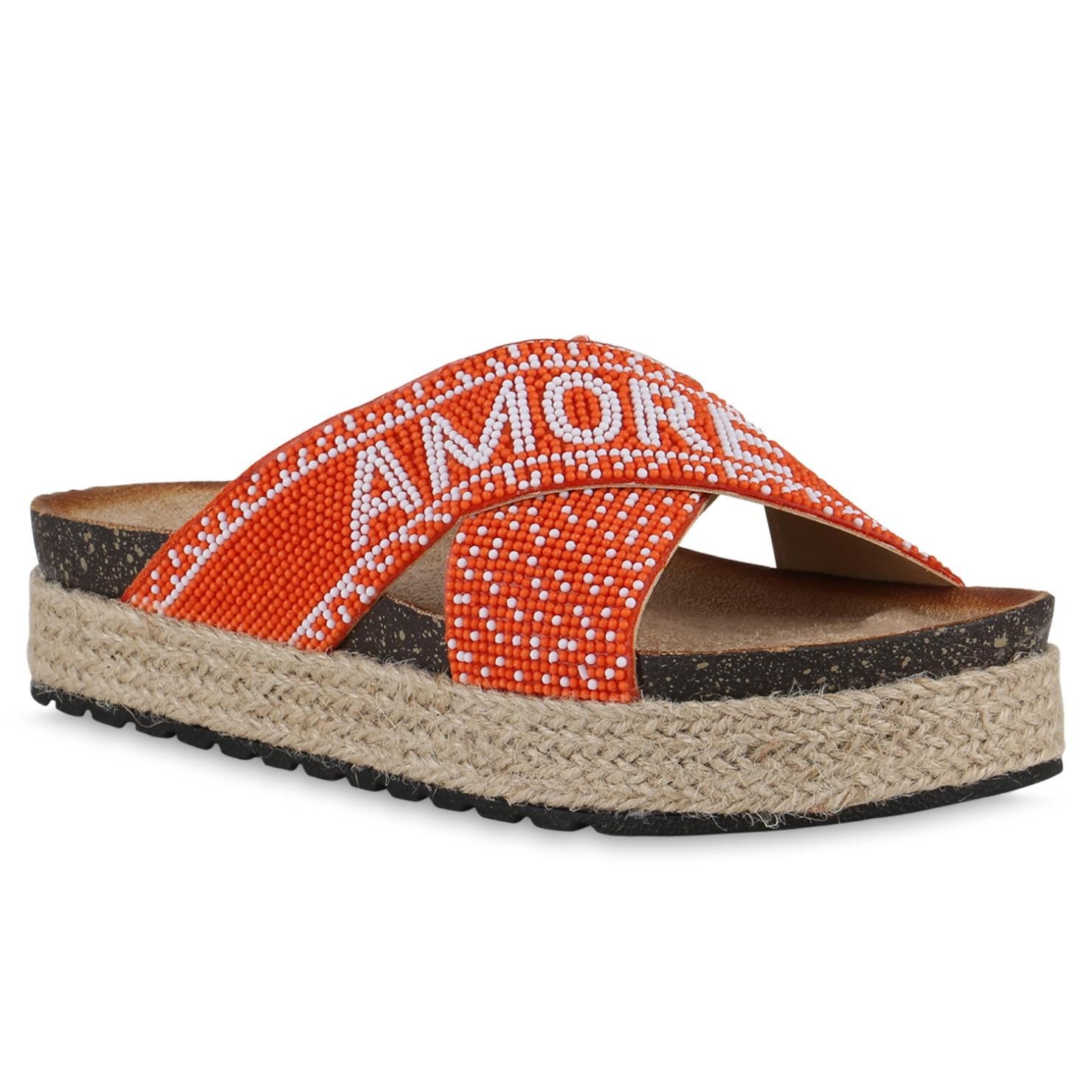 VAN HILL 841099 Sandalette Damen Pantoletten Сандалеты Print Zierperlen Bast Plateau