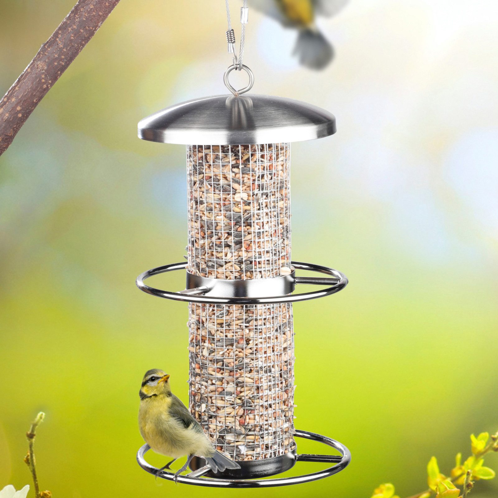 Haushalt International Futterspender Vogelfutterspender Vogel Futterstation Edelstahl 27x14cm, inkl. Stahlseil, Sitzringe, Regengeschützt, Garten, Tiere