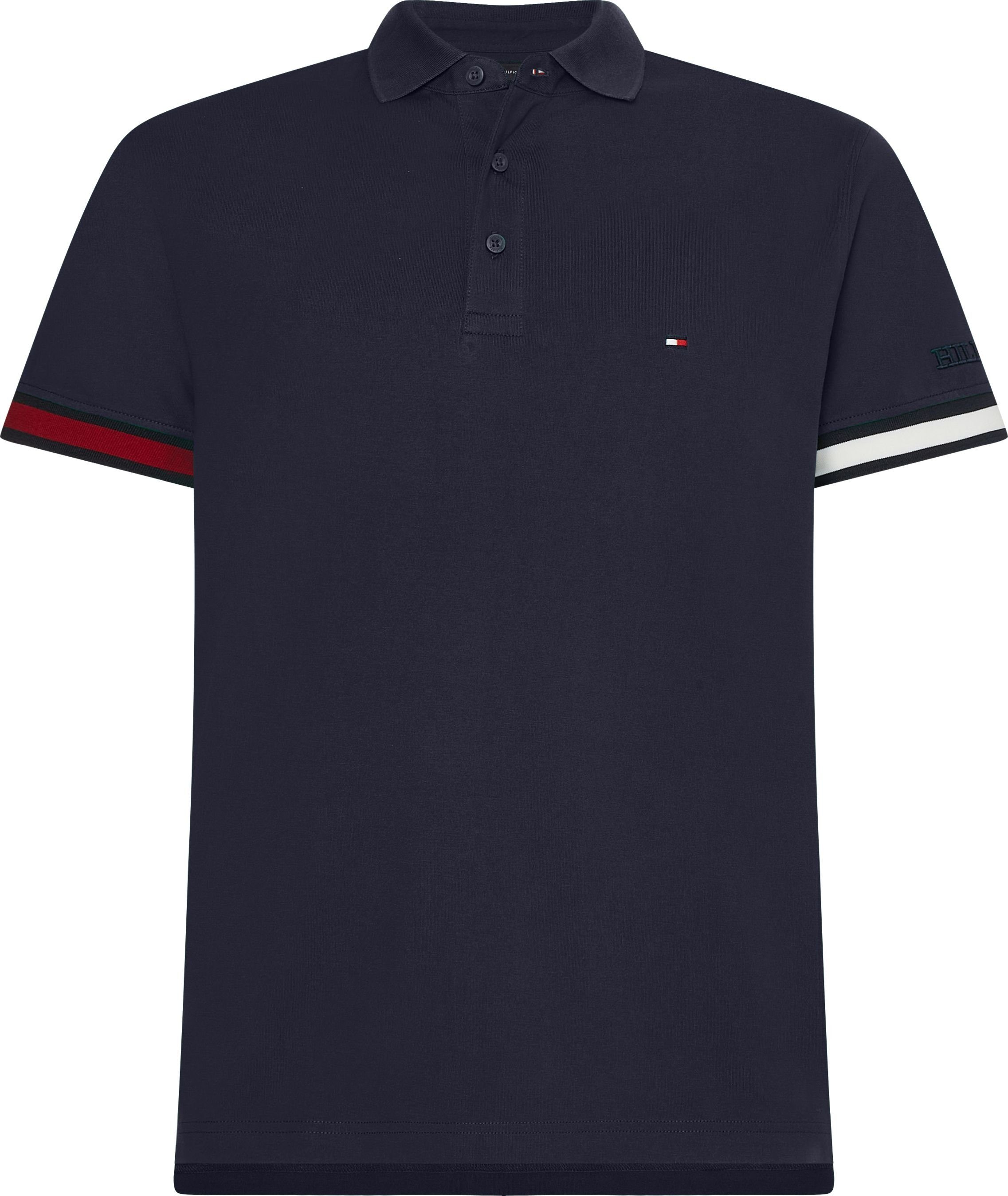 Tommy Hilfiger Poloshirt SLIM am FLAG CUFF LOGO Rippbündchen FIT kontrastfarbenen SLEEVE Ärmel blau mit