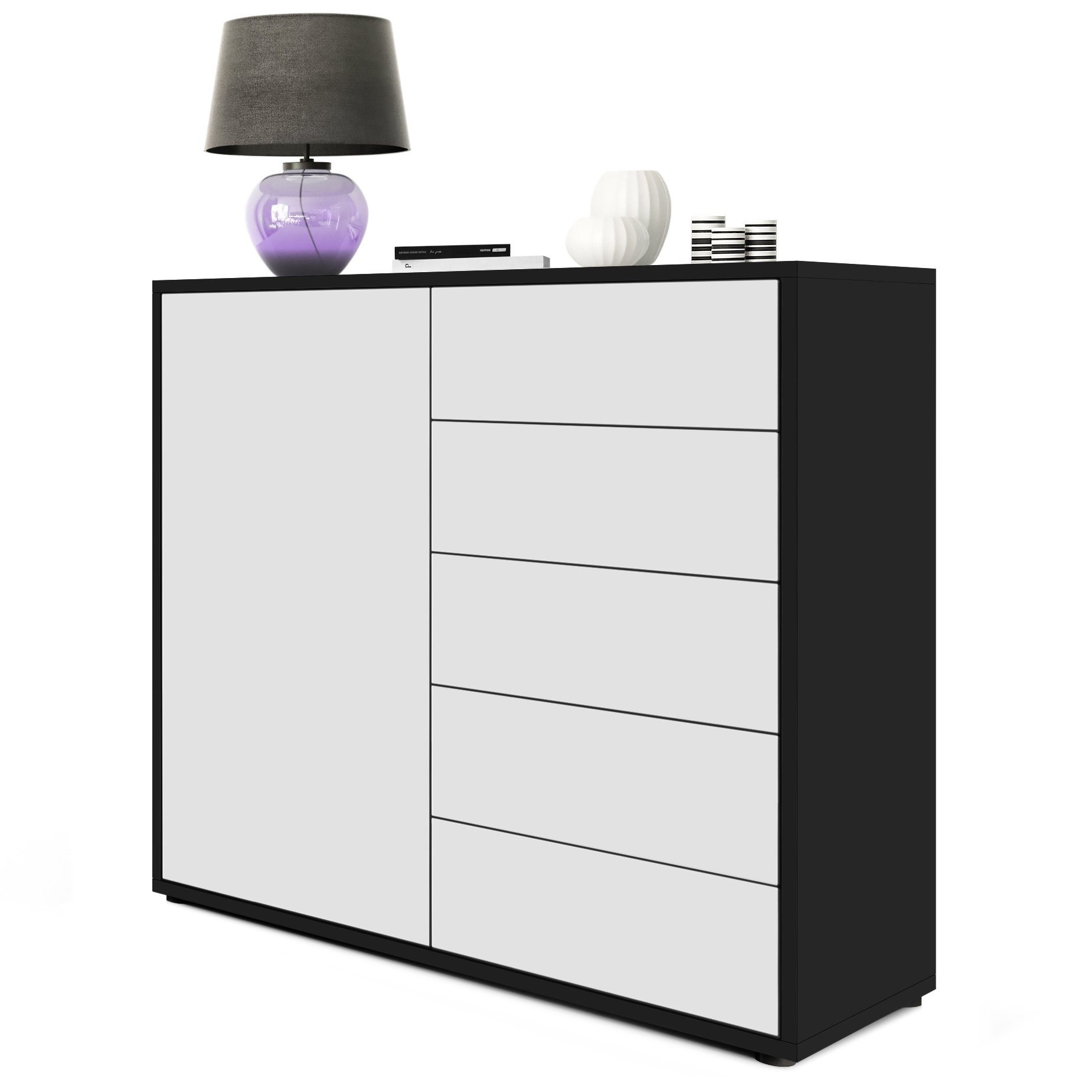Vladon Kommode Ben V2 (Kommode, mit 1 Tür und 5 Schubladen), Schwarz matt/ Weiß matt (79 x 74 x 36 cm)