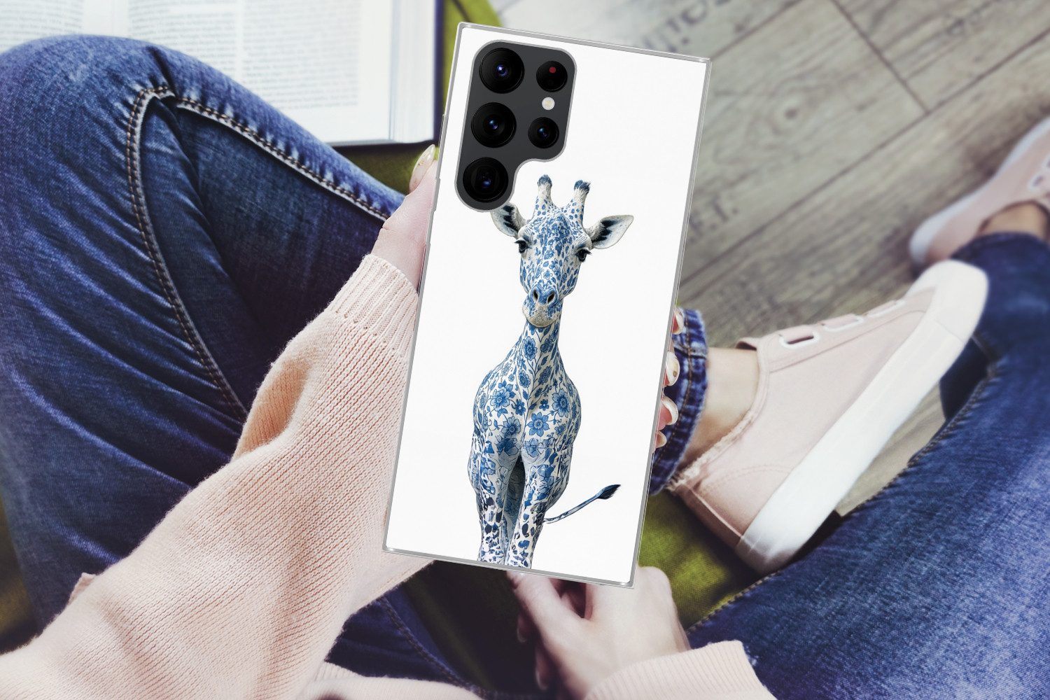 MuchoWow Handyhülle für Samsung Galaxy S22 Ultra Giraffe - Delfter Blau - Tiere - Minimali, Phone Case, Silikon, Schutzhülle Dünn