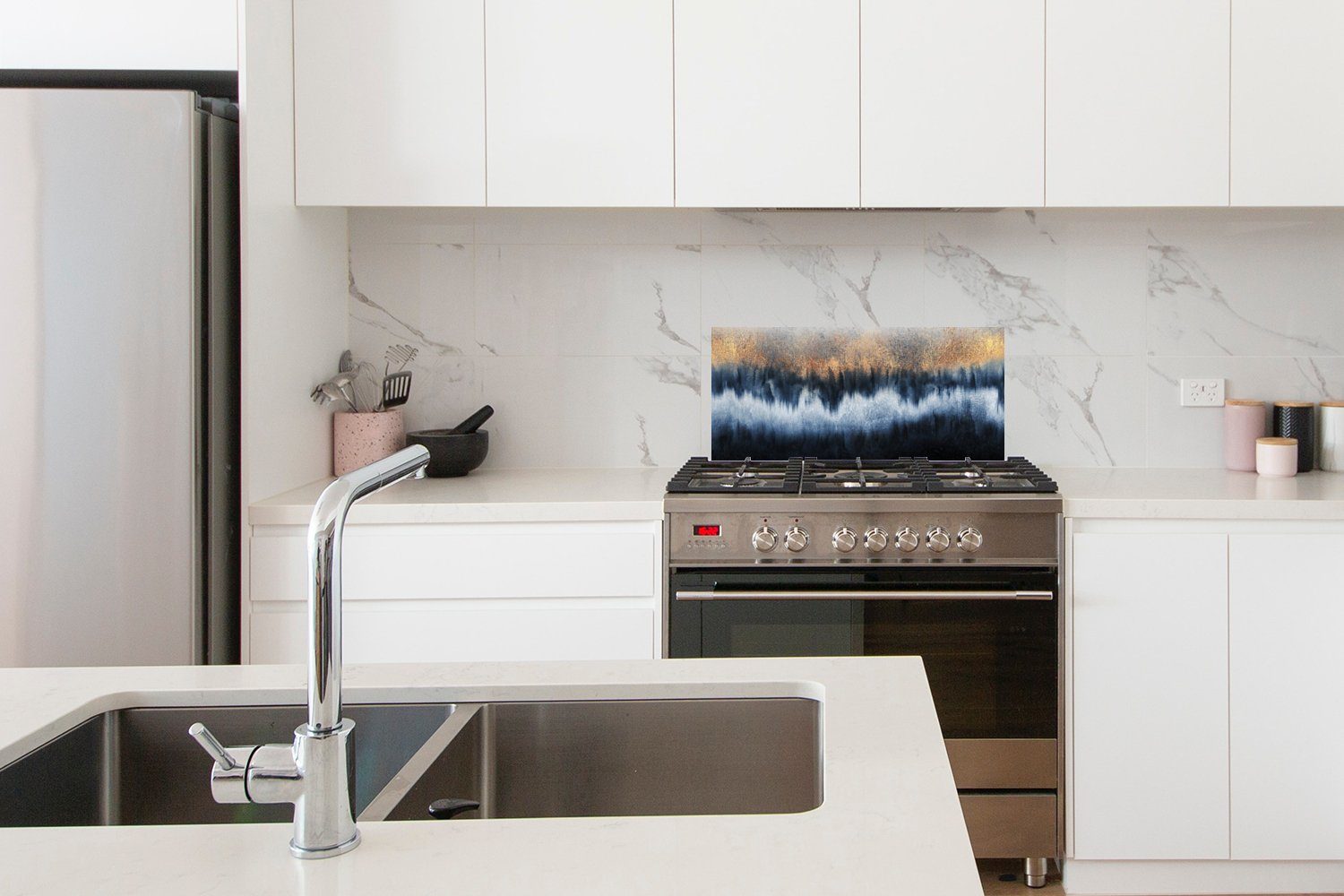 MuchoWow Küchenrückwand Abstrakt - Gold und Blau, 60x30 (1-tlg), für - gegen cm, Luxus Fett Schmutzflecken Wandschutz, Küchen 