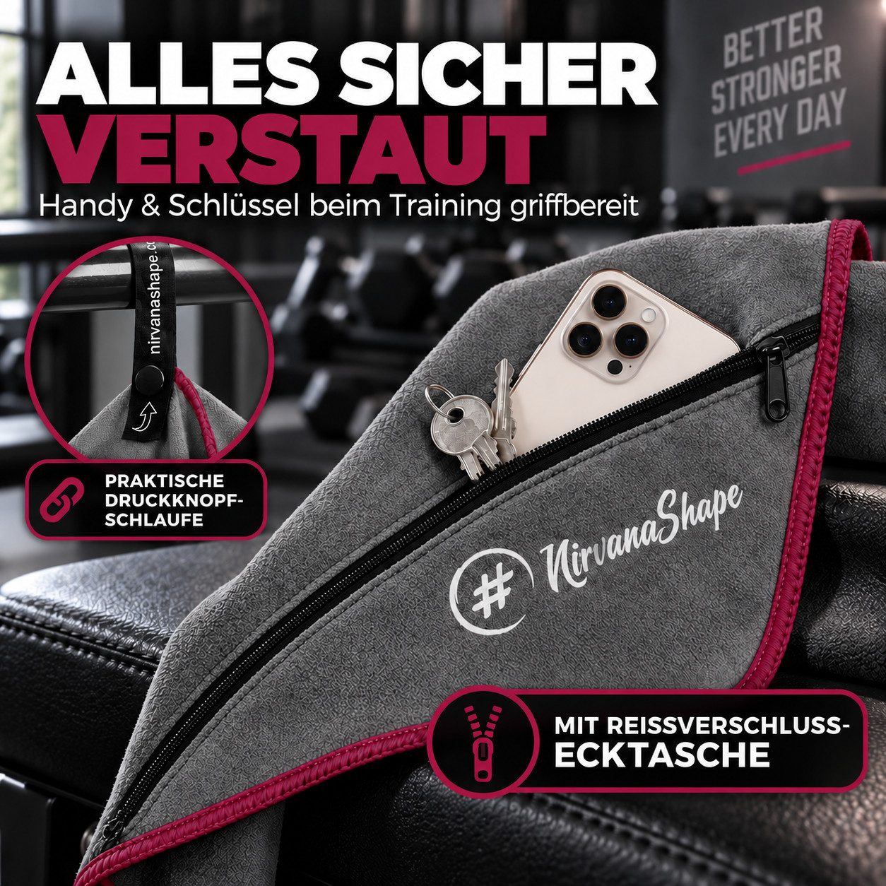 NirvanaShape Sporthandtuch NirvanaShape Mikrofaser Fitnesshandtuch mit Ecktasche und Knöpfen, saugfähig, leicht, schnelltrocknend, für Reisen, Fitness, Yoga, Sa – Bild 3 von 5