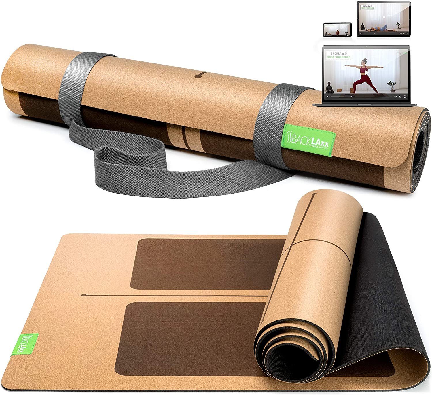 Yogamatte aus hochwertigem Kork, Gymnastikmatte 183 x 61 x 0,6 cm