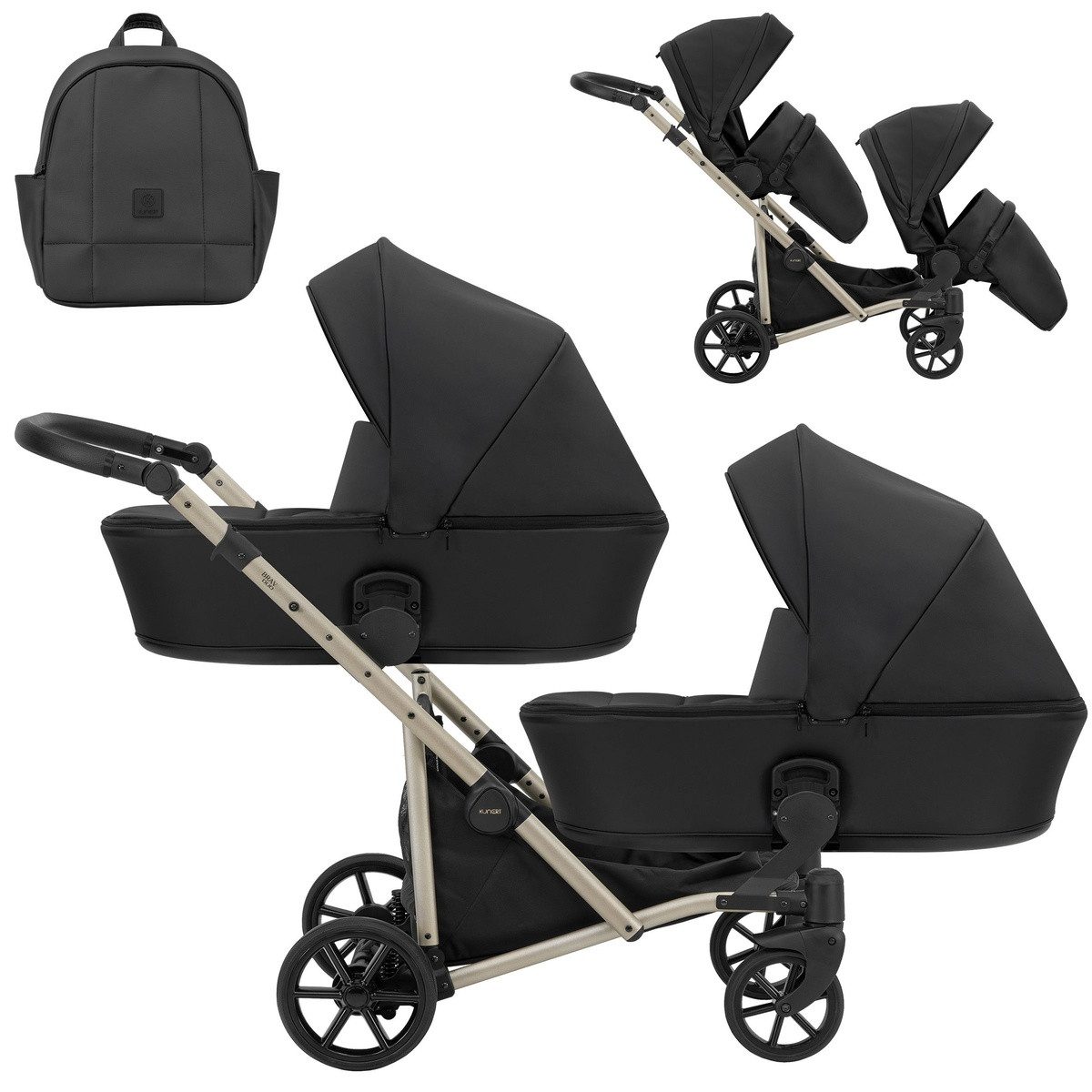 KUNERT Zwillings-Kombikinderwagen BRAV DUO 2in1 Öko-Leder Doppelkinderwagen - Flexibel und Kompakt, 12 Konfigurationen, kompakt zusammenklappbar, große Ablagefächer