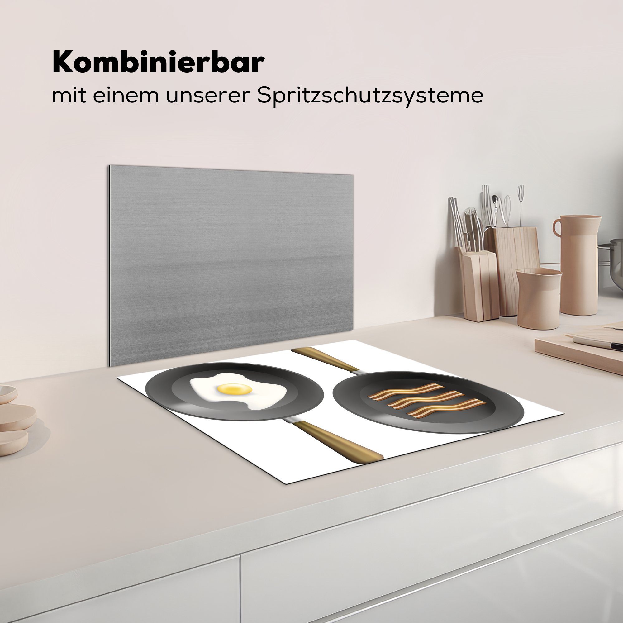 Bratpfanne, Mobile Vinyl, Herdblende-/Abdeckplatte Ei cm, Illustration 60x52 einer in Speck MuchoWow und Ceranfeldabdeckung nutzbar, (1 Arbeitsfläche von Eine tlg),