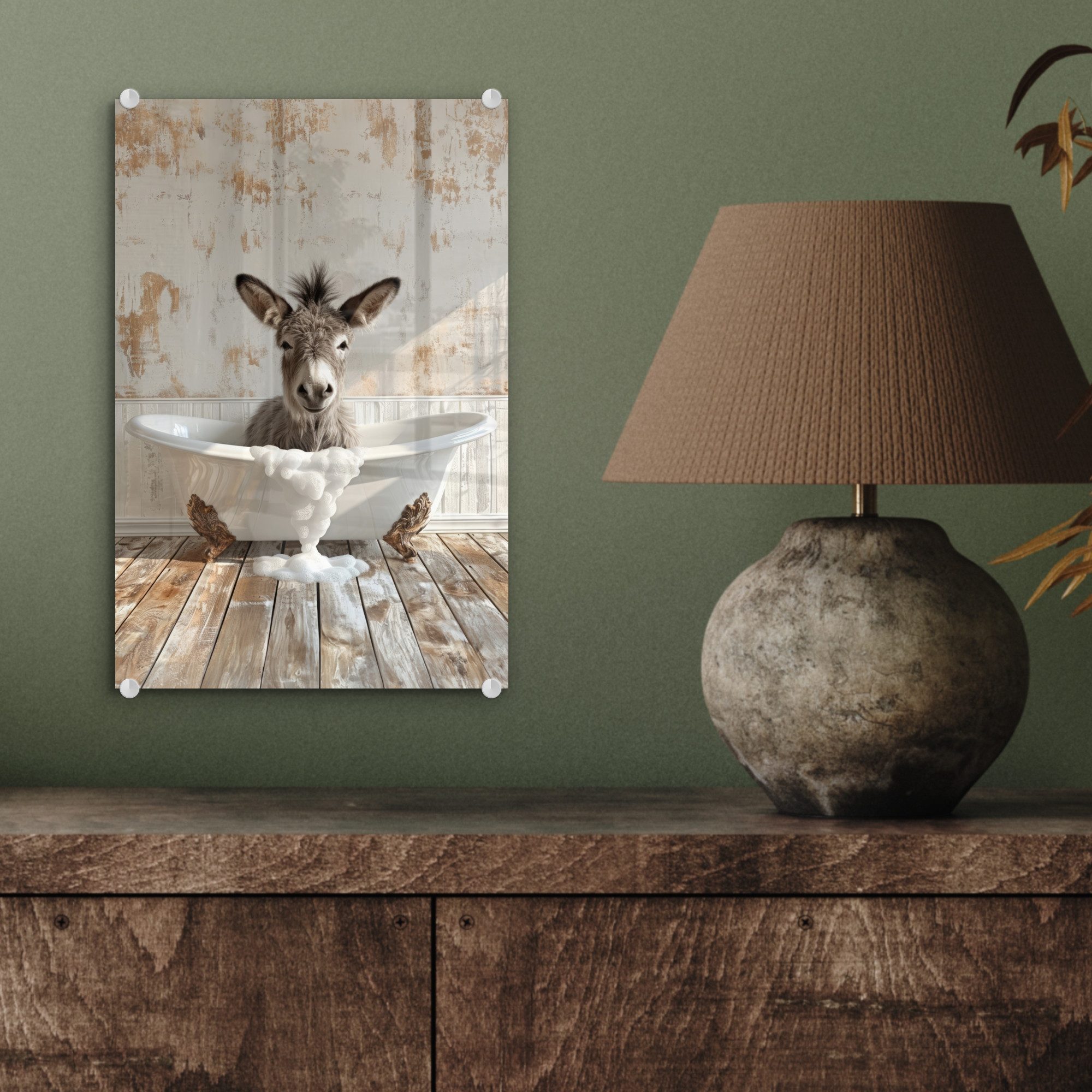 MuchoWow Acrylglasbild Esel - Tiere - Badewanne - Schaumstoff, Inkl. Aufhängung, Acrylglasbilder Badezimmer, Toilette Bilder auf Glas, 20x30 cm – Bild 4 von 5
