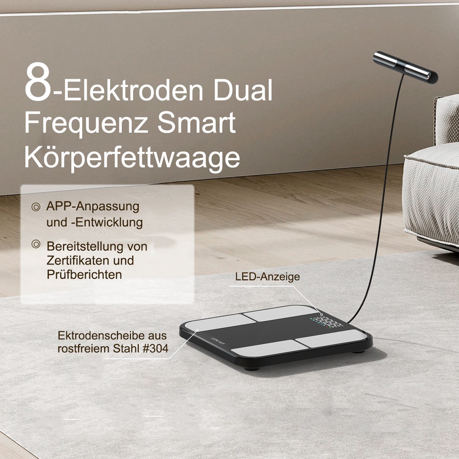 ibettertec Körper-Analyse-Waage Körperanalysewaage mit App & Bluetooth – 8 Elektroden, mit App zur Übertragung und Tracking der Messwerte, präzise Messung von Körperfett, Muskelmasse & BMI, bis zu 180 kg