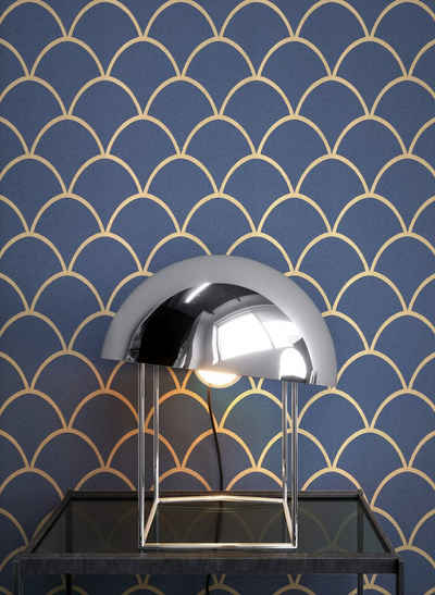 Newroom Vliestapete, Blau Tapete Grafisch Leicht Glänzend - Mustertapete Gold Geometrisch Modern Schuppen Muster für Büro Diele/Flur Schlafen